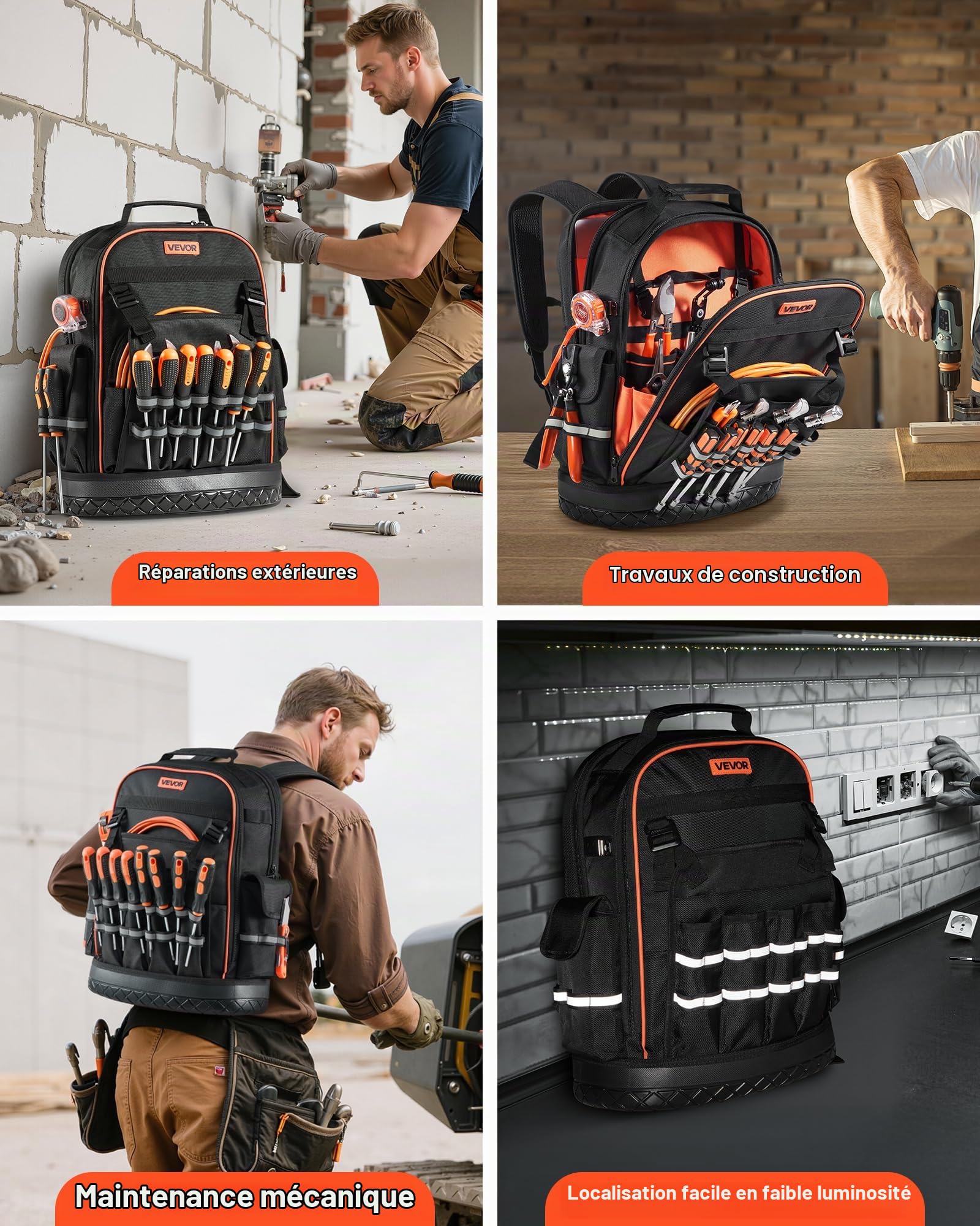 VEVOR Sac à Dos à Outils, Charge 31,75 kg, Sac à Outils 36,5x19,5x47 cm avec 64 Poches, Compartiment Ordinateur Portable, Base, Organisateur à Outil Robuste pour Chantier, Électricien, Réparateur CVC