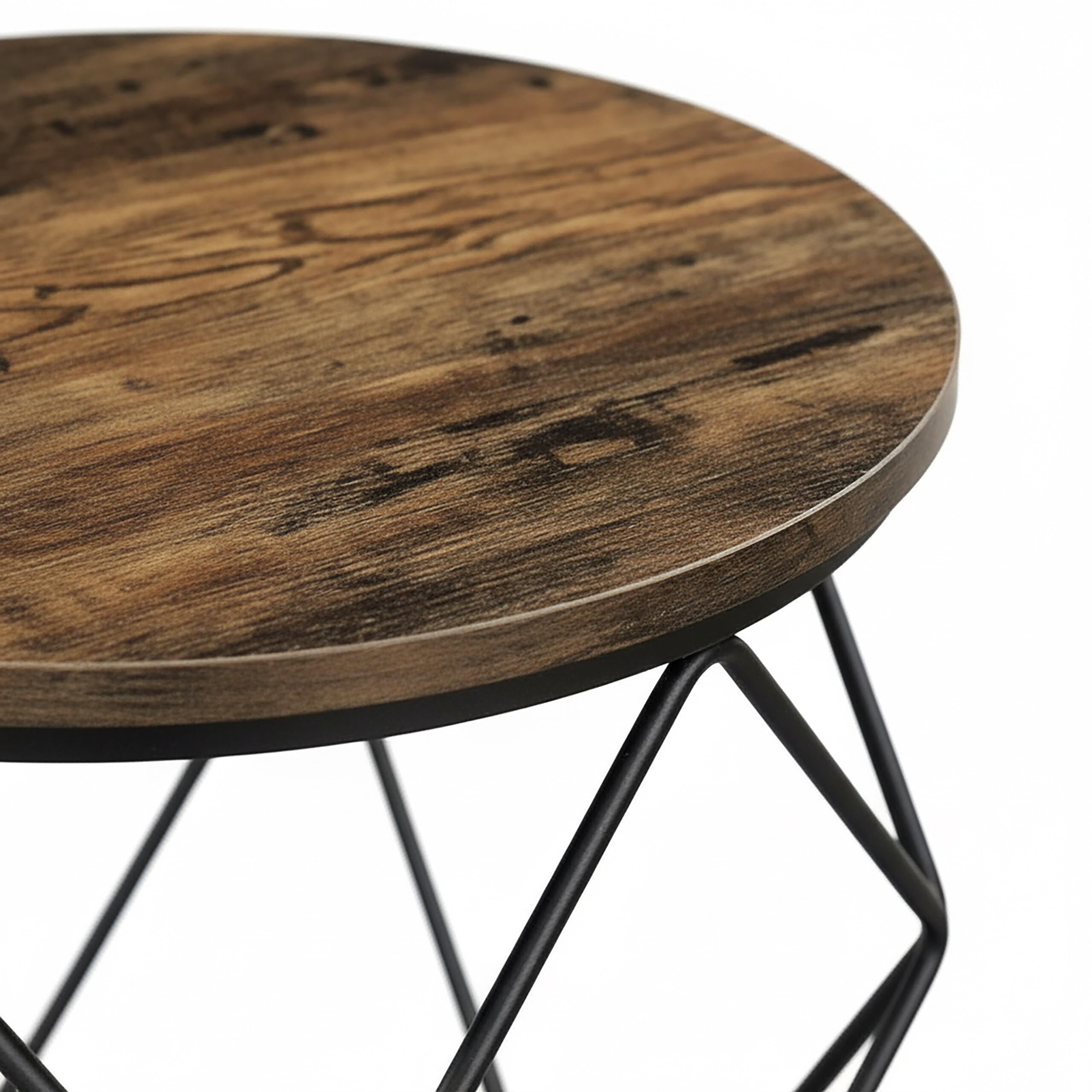 Relaxdays Couchtisch, 2er Set, Holzoptik & Metall, Industrial-Design, runde Beistelltische, Wohnzimmer, braun/schwarz