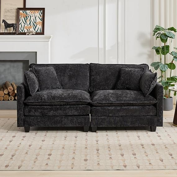 76.7” Loveseat Sofa, 2 Seater Modular Couch, Black Chenille Large Sectional for Living Room, Deep Seat, Love Seat Couches, Sofá de dos plazas