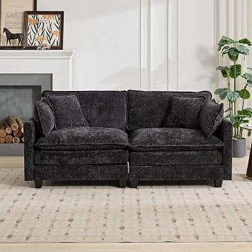 76.7” Loveseat Sofa, 2 Seater Modular Couch, Black Chenille Large Sectional for Living Room, Deep Seat, Love Seat Couches, Sofá de dos plazas