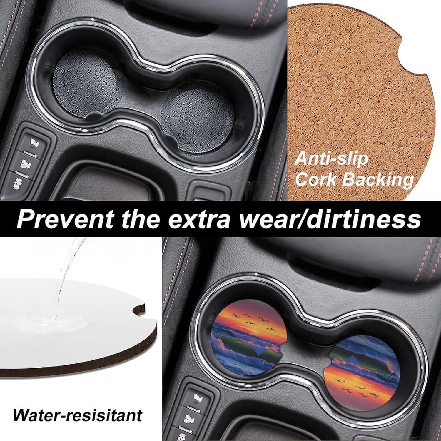 Ocean Wave Birds Sunset Cute Car Coasters 2.56 Inch Absorbent Cup Holder for Drinks Auto Interior Accessories