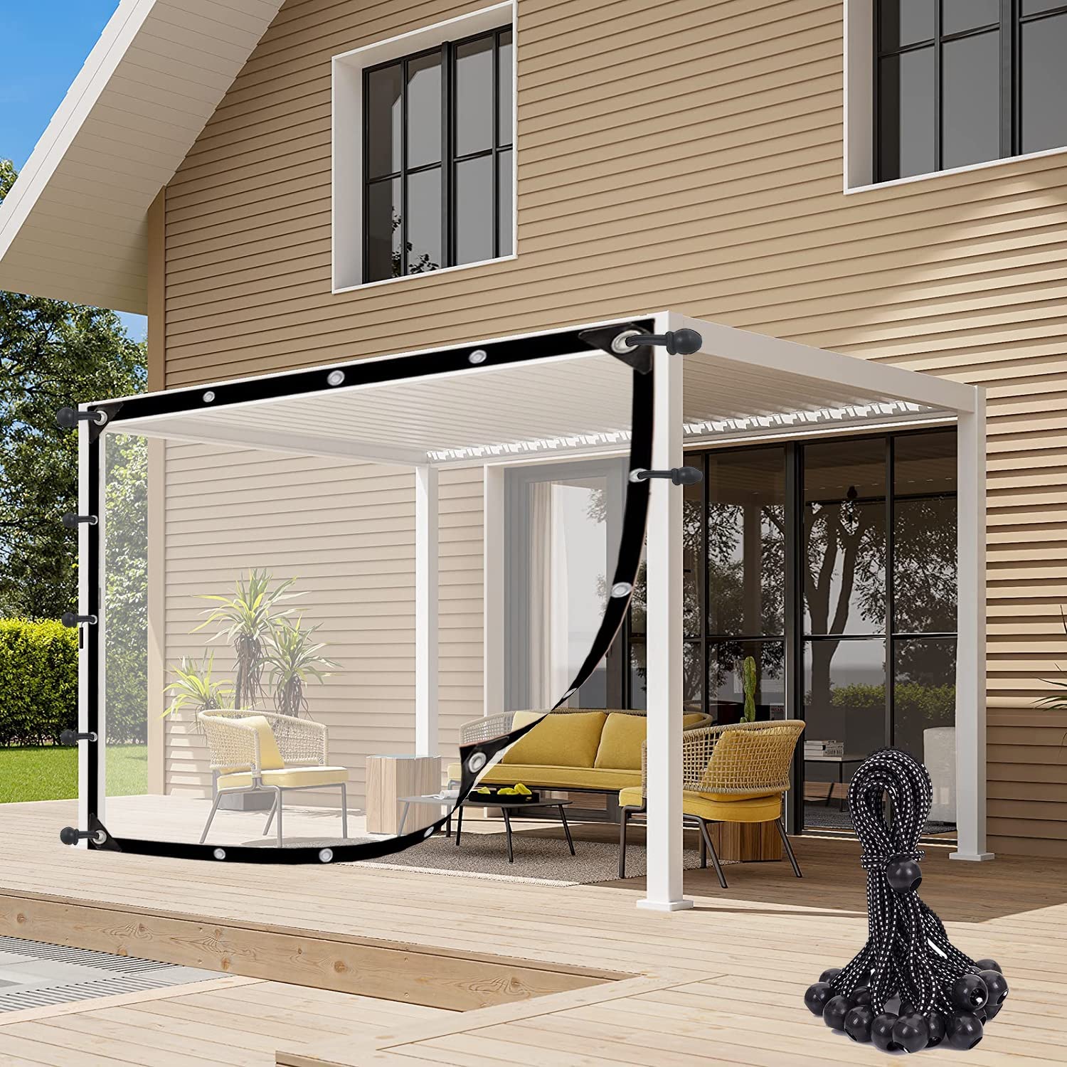 Przezroczysta plandeka z oczkami, przezroczyste panele boczne z przelotkami i 10 sztuk piłek do bungee, 60 rozmiarów LGJEGD (Color : Clear, Size : 5.9x7.22'/1.8x2.2m)