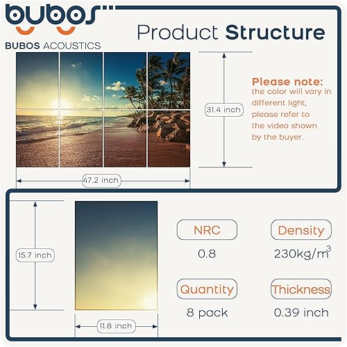 Miniatura 259 de BUBOS Paquete de 8 paneles acústicos artísticos insonorizados, paneles de pared de 47.2 x 31.4 pulgadas, paneles de pared acústicos decorativos