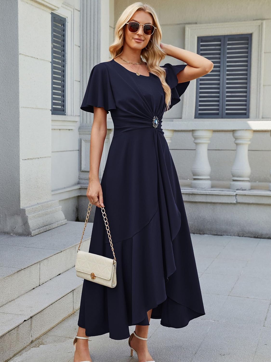 qmz wedding guest dresses for women have pockets cocktail dress ruffle sleeve a line evening party formal dresses for women x-large navy blue