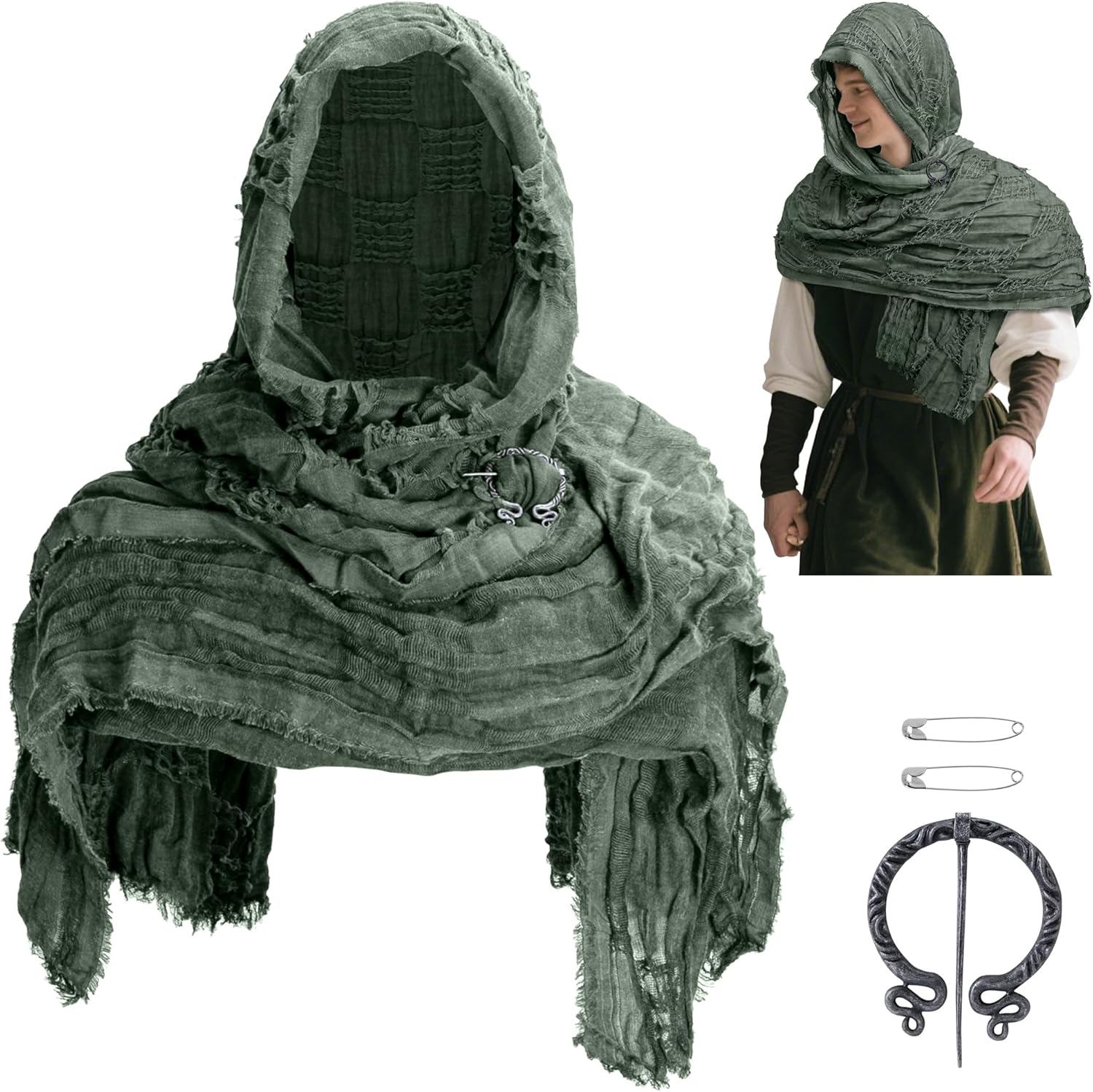Medieval Hooded Shawl with Viking Brooch,Dark Green Post Apocalyptic Hooded Shawl Set,Wasteland Scarf Renaissance Hooded Cape for Cosplay Party Halloween Costume Accessories
