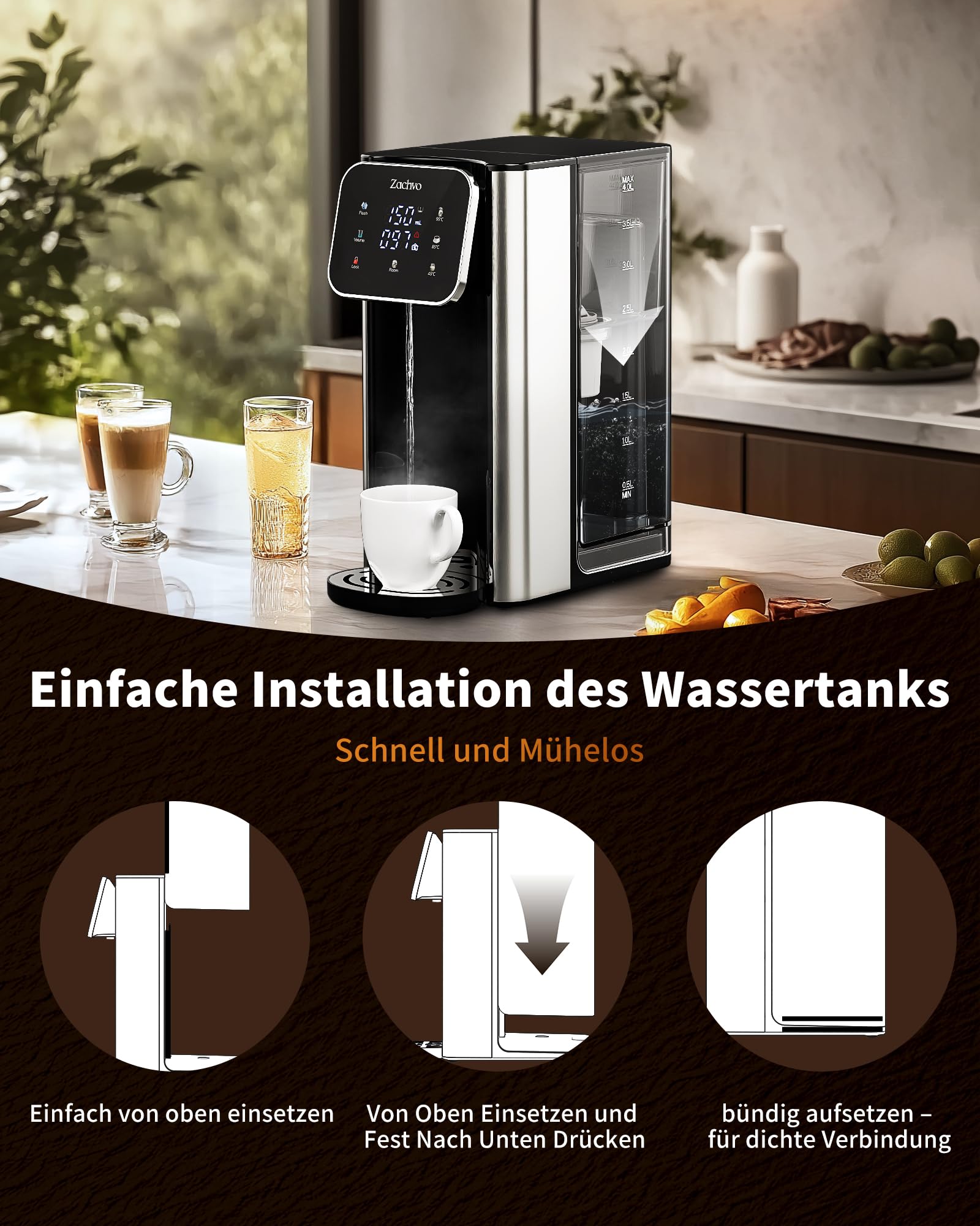 Heißwasserspender UR05-2200W Heißes Wasser in Sekunden, 4 Temperaturstufen & 3 Wassermengen, 4L Tank, Kompakt & Energieeffizient, Hitzeschutz-Kindersicherung, für Küche & Büro, Aktivkohlefilter