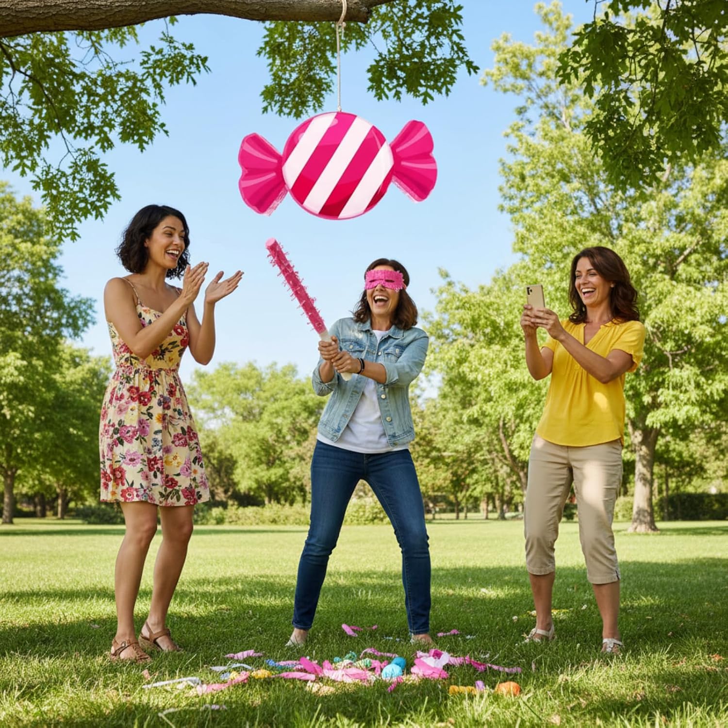 Aoriher Candy Party Pink Decoration Piñata with Stick Blindfold Sweet Lollipop Birthday Piñata for Peppermint Theme Birthday Party Supplies Decoration(Peppermint)