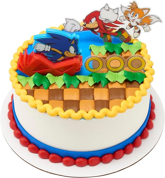DecoSet Sonic The Hedgehog Cake Topper, 3-Piece Decoration Set With Tails & Knuckles Cake Pic, Rings Cake Pic And Rolling Sonic Action Figurine, For Birthday And Celebrations