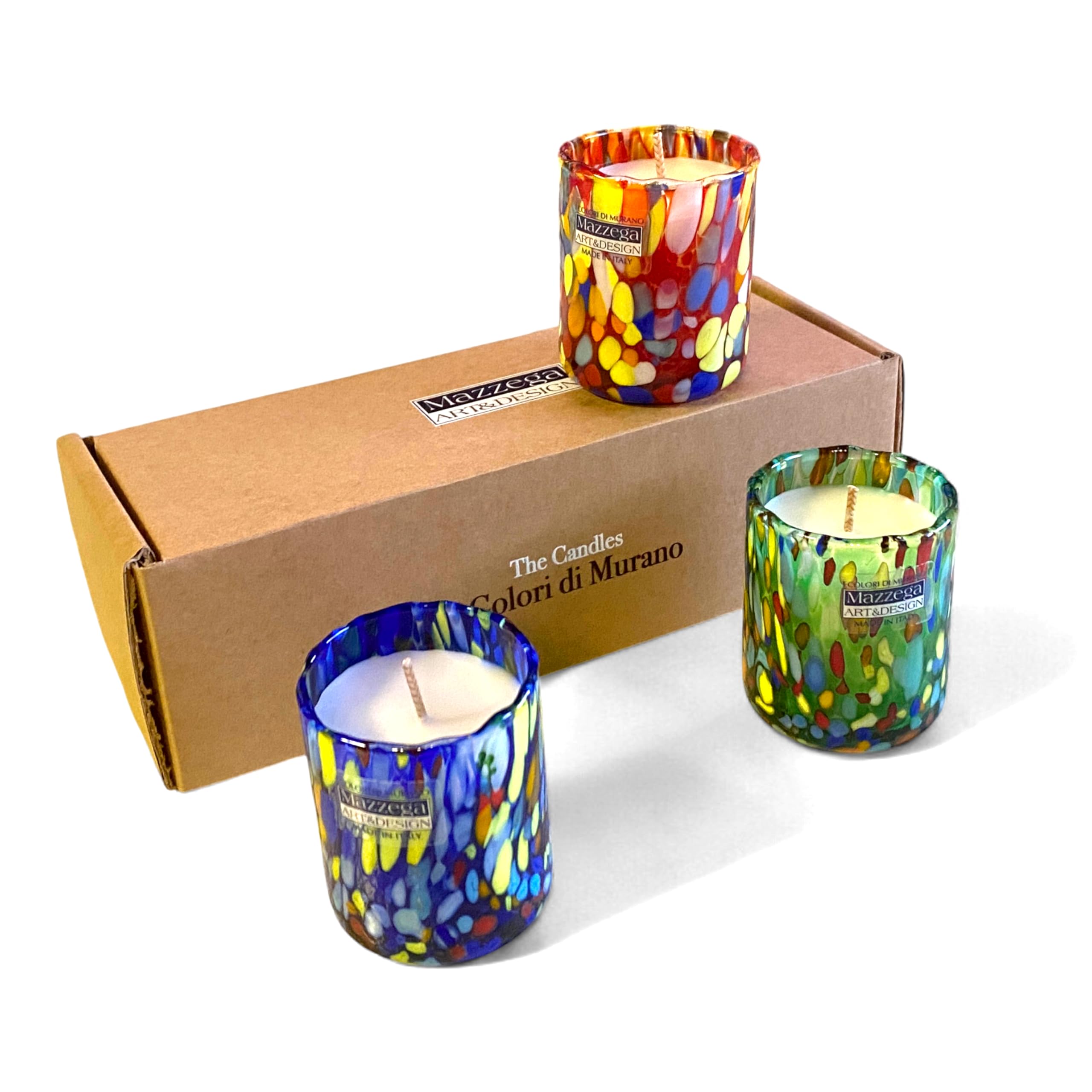 MAZZEGA ART & DESIGN - Set di 3 candele Profumate con Fragranze Intime e Rilassanti, con cera di soia al 100%, Bicchierini in vetro soffiato della linea "I Colori di Murano" - Made in Italy