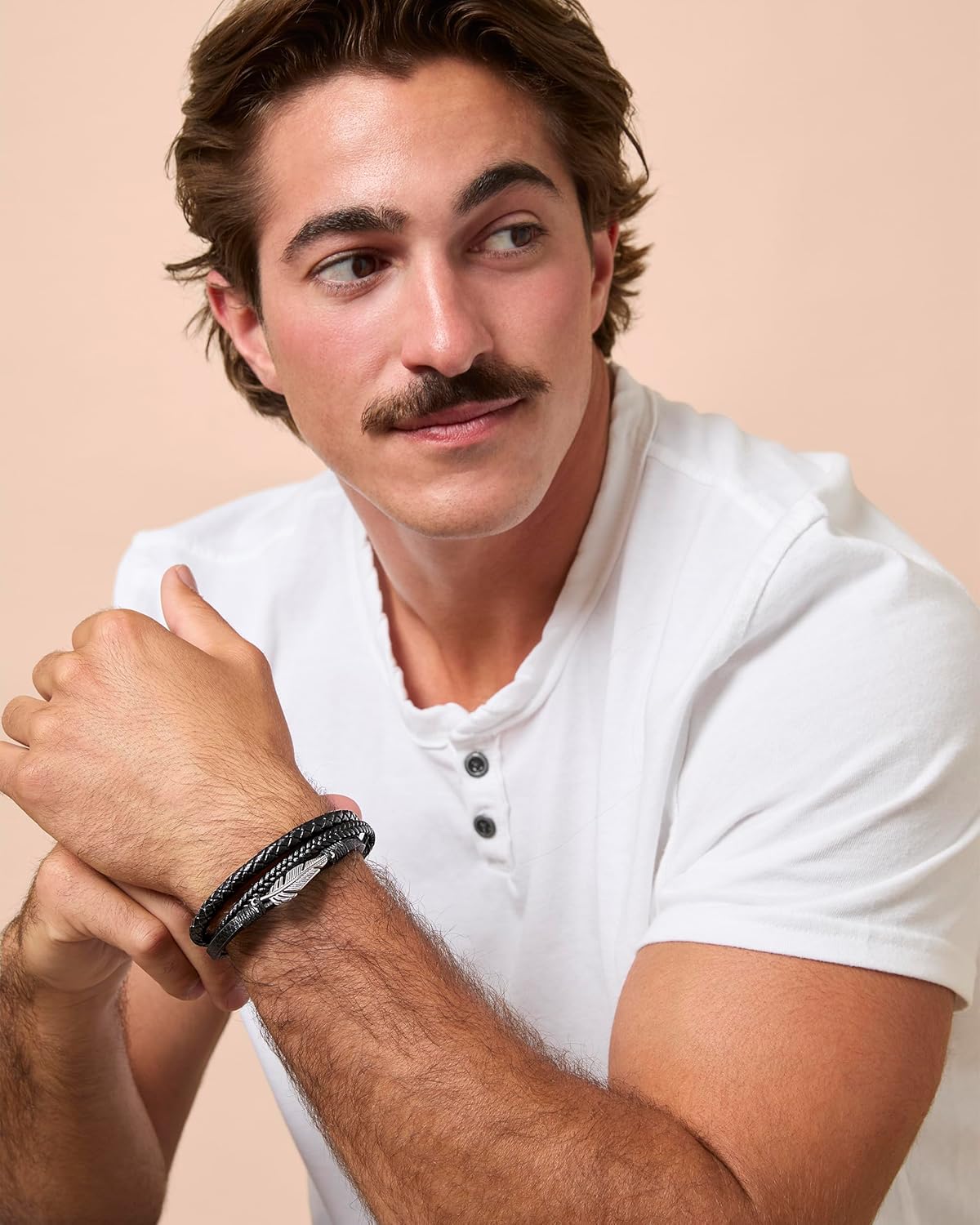 Lucky Brand 3-Row Black Bracelet for Men 8.5", Stainless Steel Feather Bracelet - Image 2