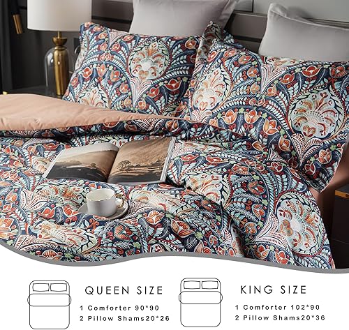Miniatura 3 de Juego de edredón tamaño King, ropa de cama floral, juego de edredón bohemio, ligero para todas las estaciones, para cama tamaño King, estilo
