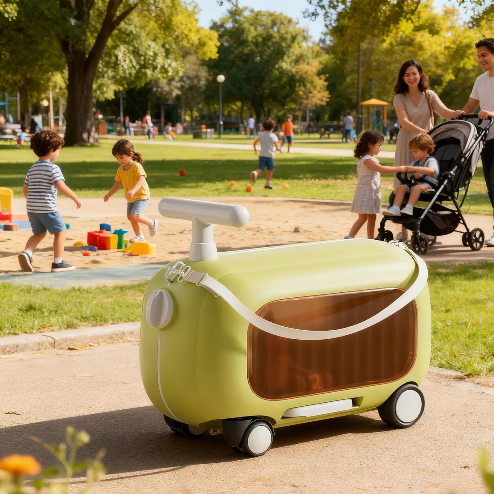 Valigia Da Cabina per Bambini con Seduta Integrata con Ruote Cinghia Regolabile E Scomparto Trasparente Adatto per Aereo con, Verde
