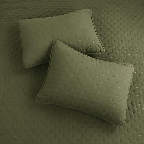 Miniatura 6 de ROARINGWILD Juego de ropa de cama de tamaño Queen con nubes de color verde oliva con fundas de almohada, colcha ligera y suave, edredón fino rústico