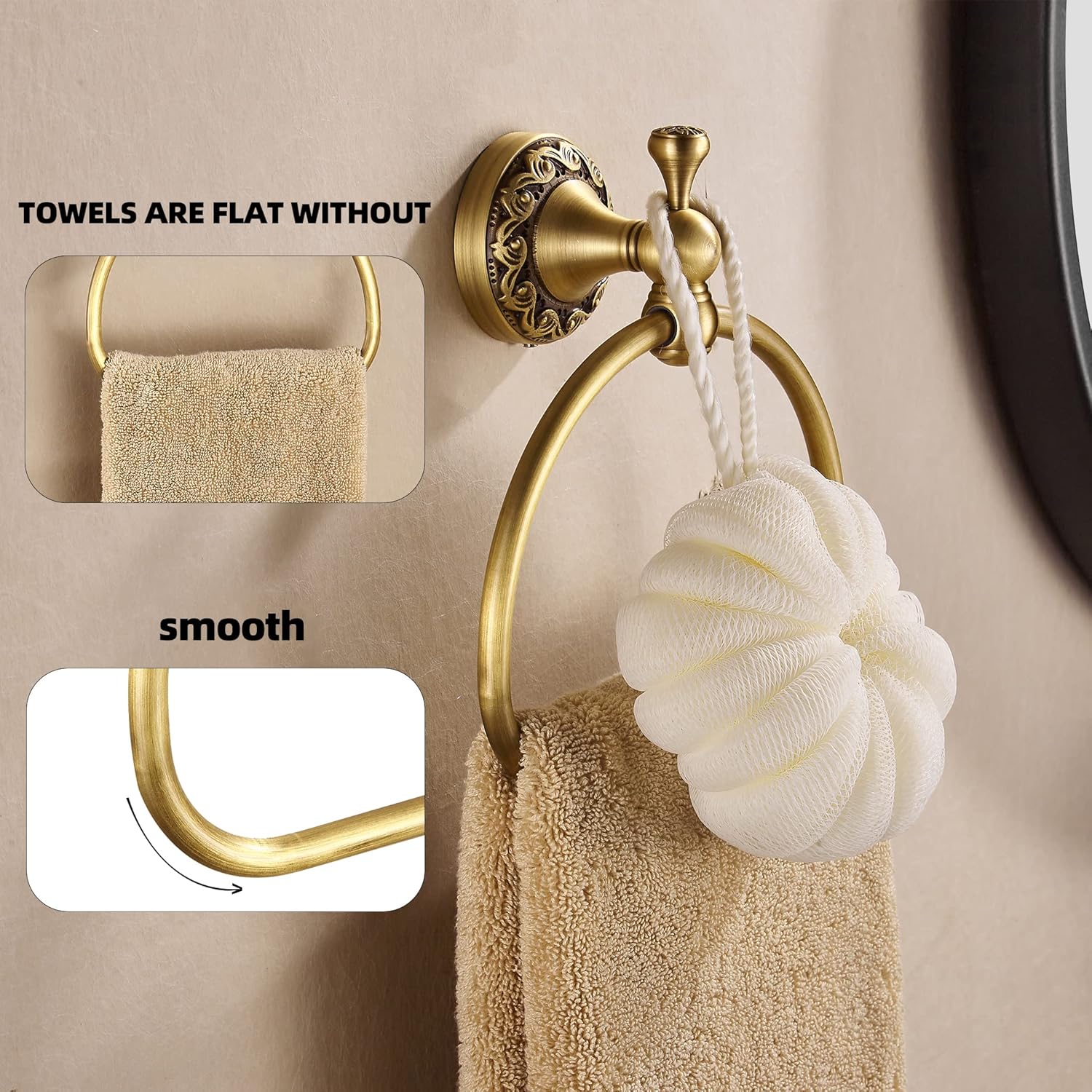 WOLIBEER Brass Towel Ring,Antique Hand Towel Holder, Bathroom Hand Towel Rack Hanger Wall Mounted Retro Kitchen Accessories