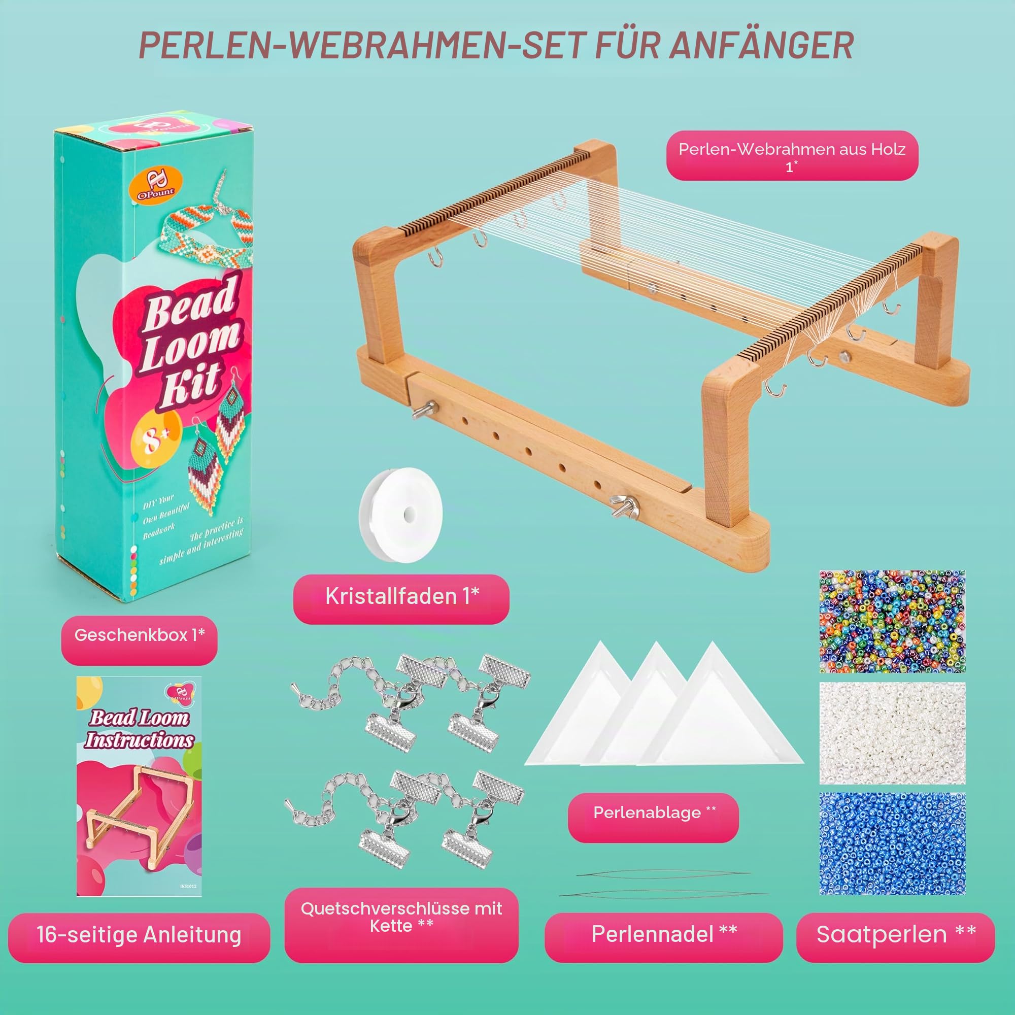 PP OPOUNT Verstellbares Perlen-Webstuhl-Set, Holzwebstuhl-Perlenzubehör mit detaillierter Anleitung (evtl. nicht in deutscher Sprache), praktisches Zubehör zur Schmuckherstellung, für Erwachsene,