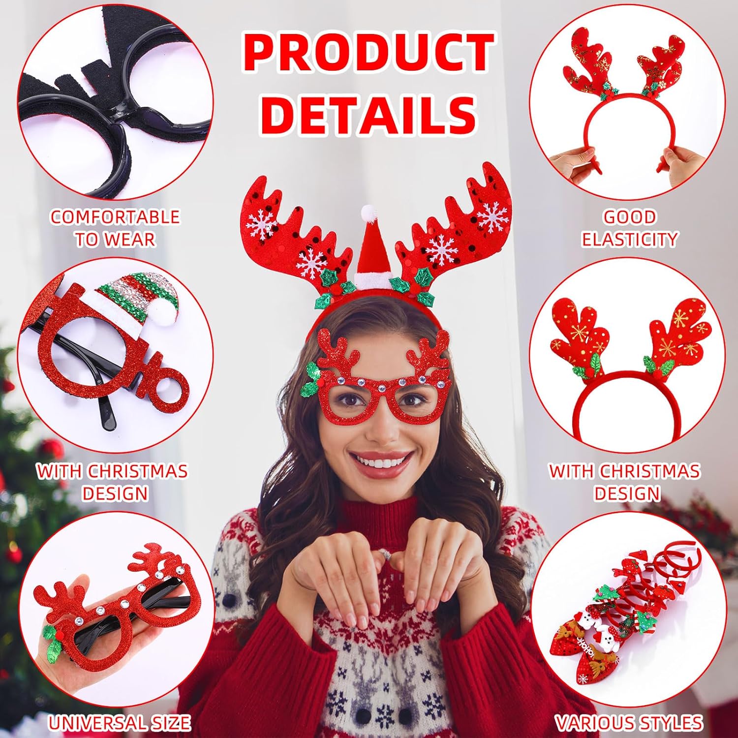 Yunlly 100 Pcs Christmas Headbands and Glasses Frame Set, Include 50 Styles of Holiday Headbands with 50 Pcs Christmas Glasses Funny Snowman Santa Hair Hoop for Xmas Holiday Party Supplies
