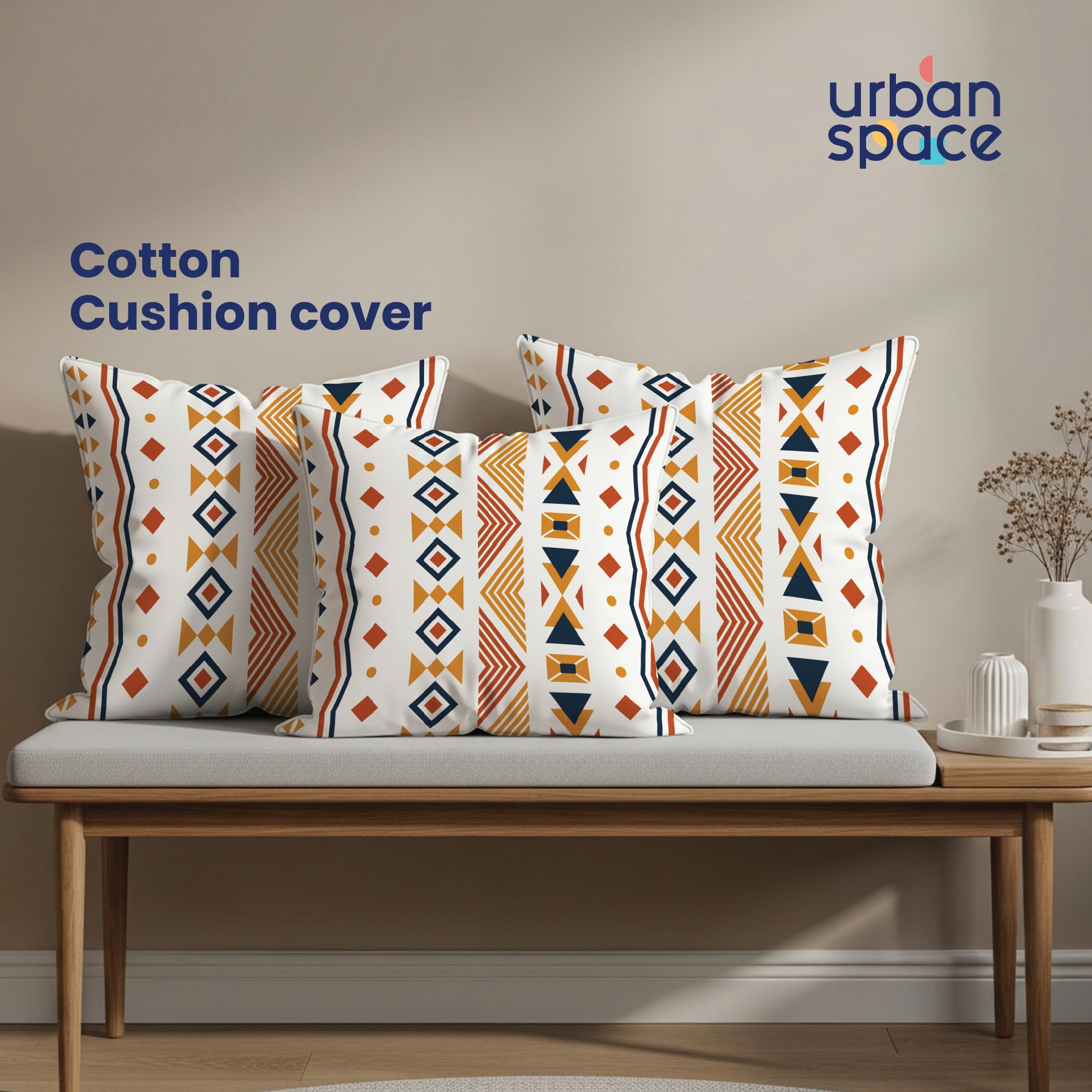 Urban Space Decorative Cotton Cushion Cover Set of 5, 16 inch x 16 inch Cushion Covers for Sofa, Bedroom, Living Room (Boho Orange, Cushion Cover 40cm x 40cm, Set of 5) 1