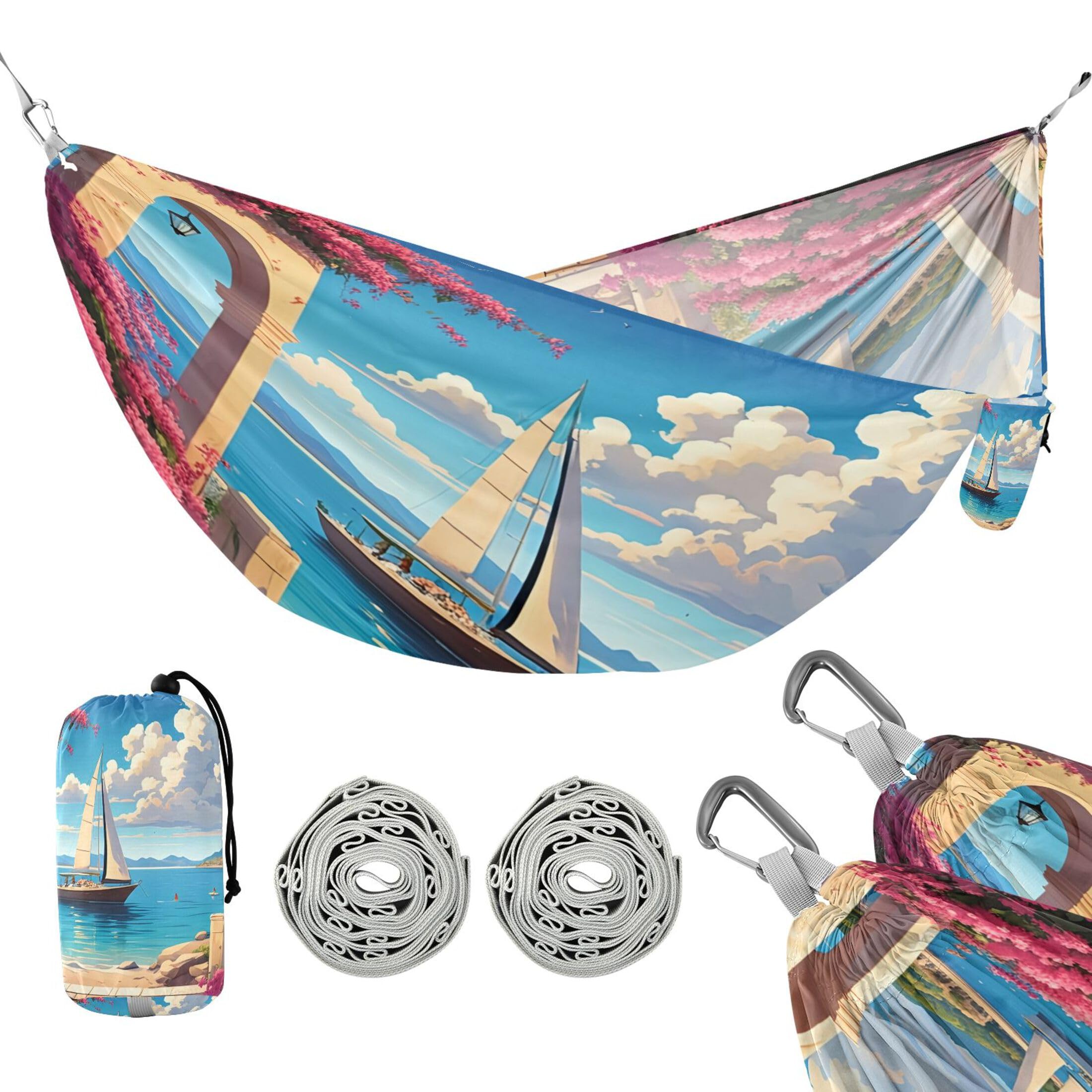 Takiito Coastal Scene Hammock 330 lb Capacity Travel Camping Hammock with Tree Straps, Portable Lightweight for Outdoor Beach Backpacking Backyard Patio