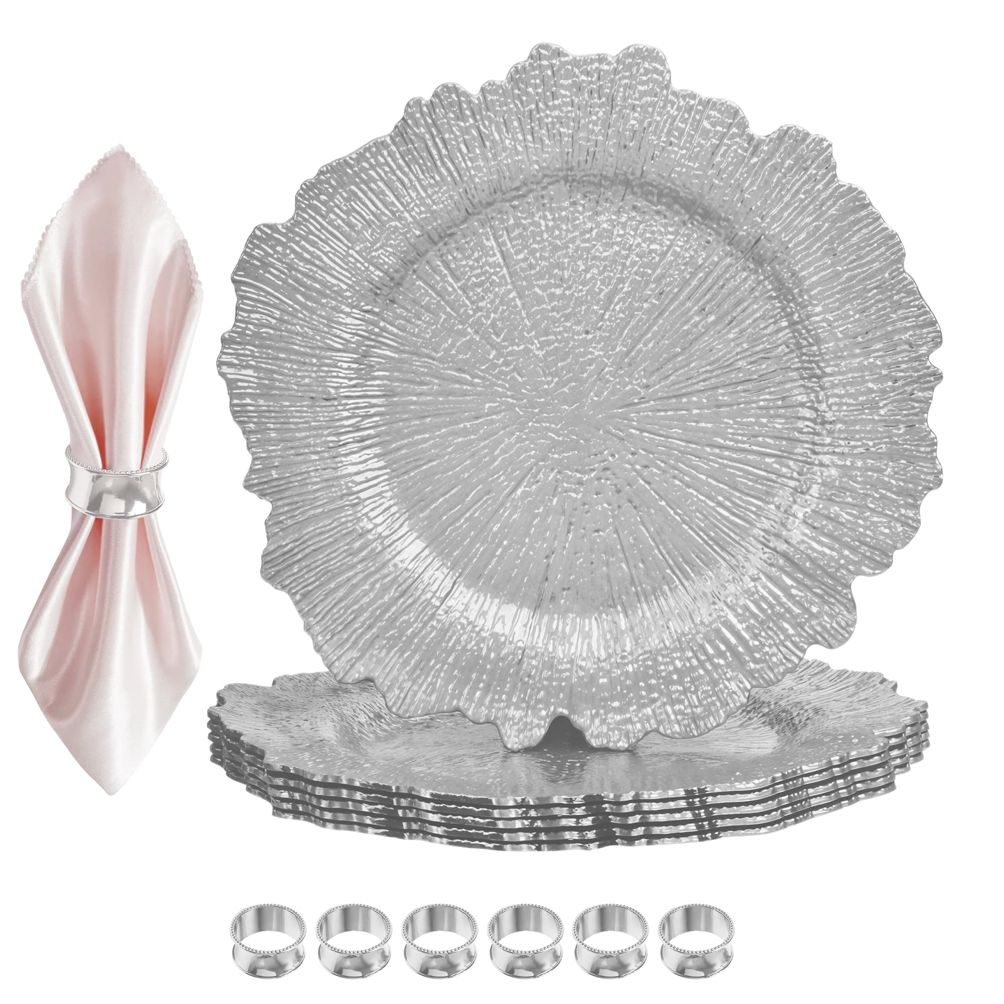 Juego de platos de cristal rosa plateado con diseño vintage y servilleteros martillados, elegantes cargadores de cena de 33 cm para bodas, cenas, cumpleaños, fiestas y eventos especiales, 6 piezas
