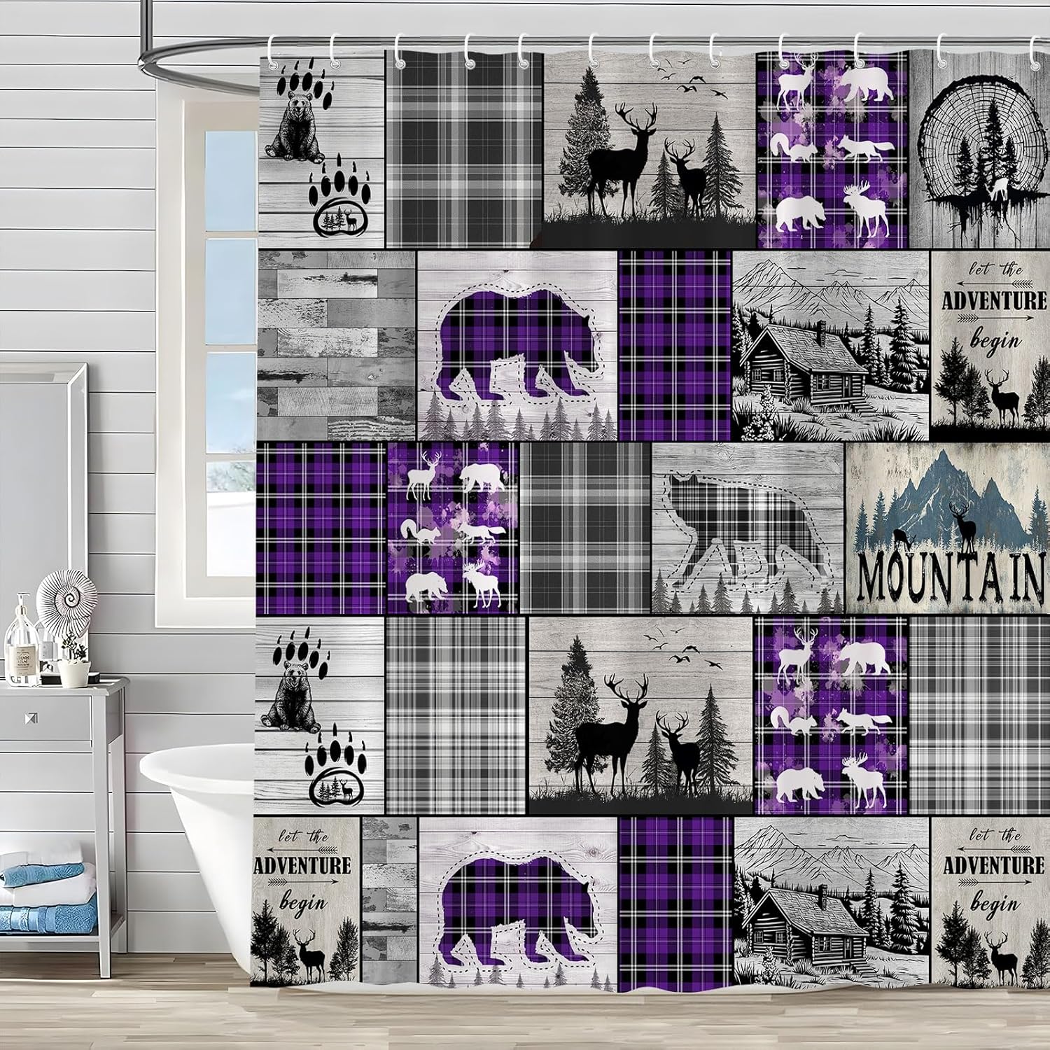 Rustic Cabin Shower Curtain Bear Deer Wolf Country Lodge Forest Wild Animal Purple Black Buffalo Plaid Hunting Adventure Camping Farmhouse Vintage Bathroom Decor Accessories Set with Hook 70Wx90H Inch