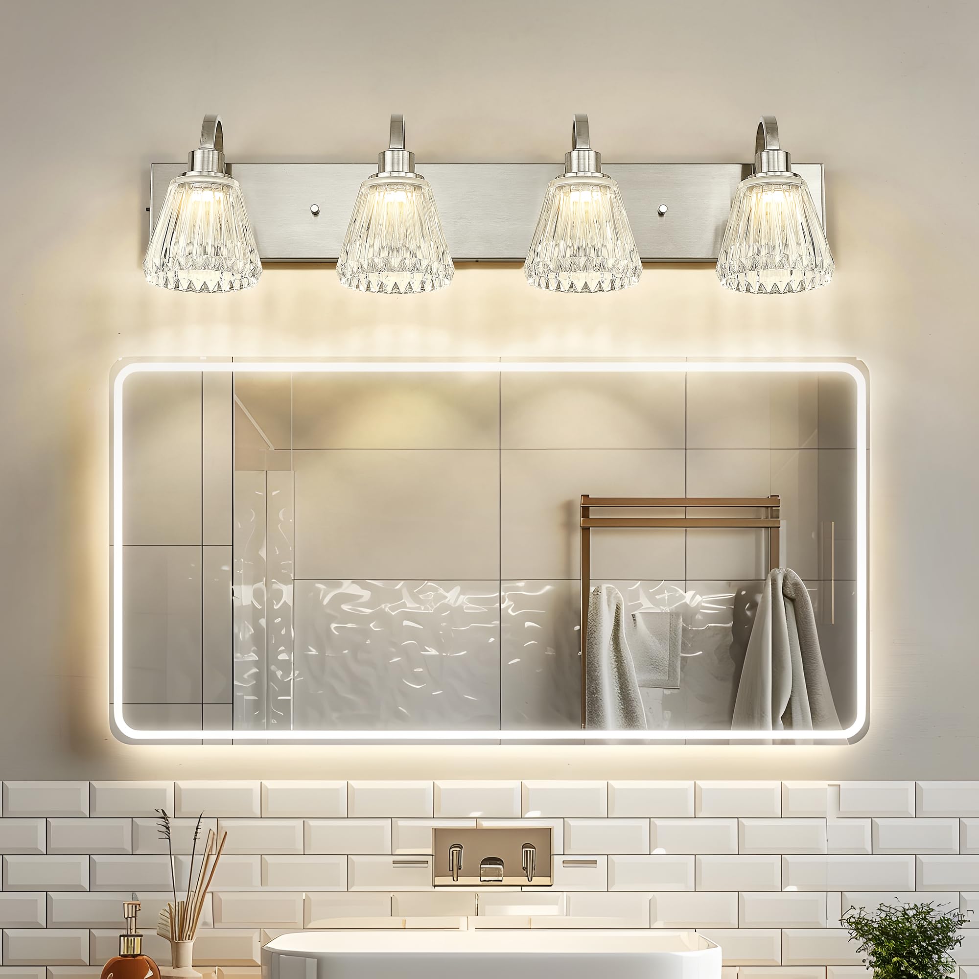 Emliviar 4-Light Brushed Nickel LED Vanity Light, 32" Bath Vanity Lighting Fixture, 5 Color Modes 3000K/3500K/4000K/5000K/6000K, Fluted Ripple Glass, HE290B-4W LED BN