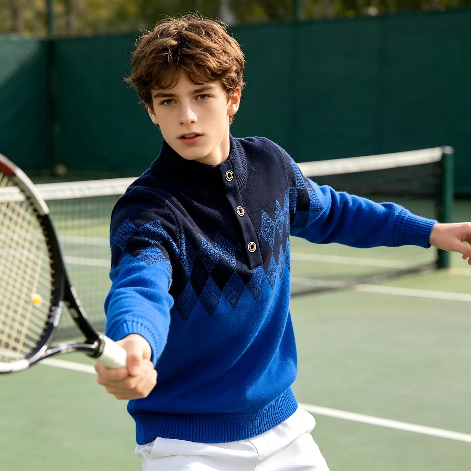 Boys' Argyle Knit Pullover Sweater, Navy Blue & Royal Blue, Mock Neck, Button Placket, Long Sleeve