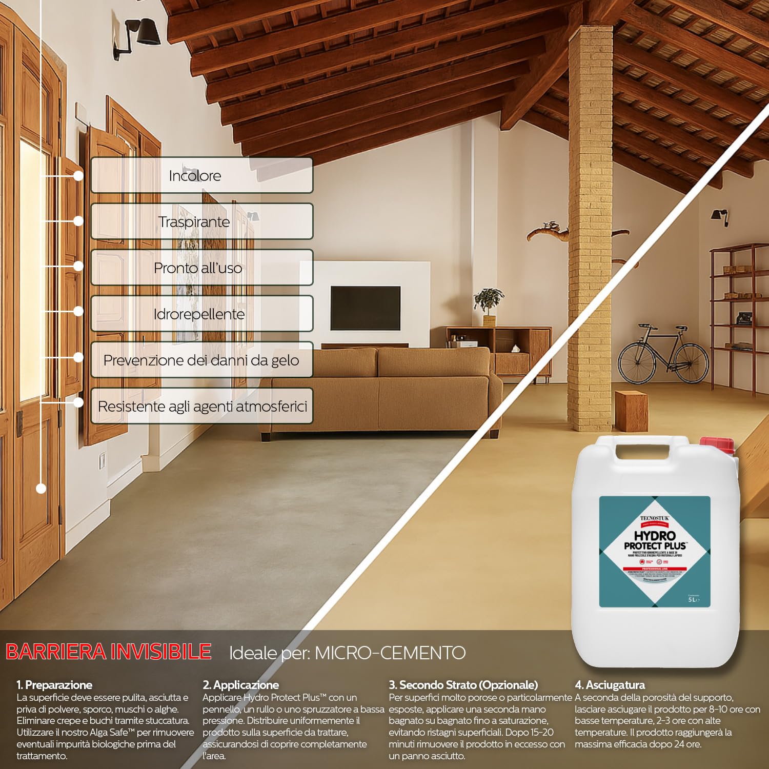 HydroProtectPlus Impermeabilizzante Terrazzi Nanotecnologico Trasparente - Idrorepellente per Pietra, Marmo, Cotto, Cemento, Mattoni - Traspirante Impermeabile per Piastrelle per Esterno (5 LITRI)