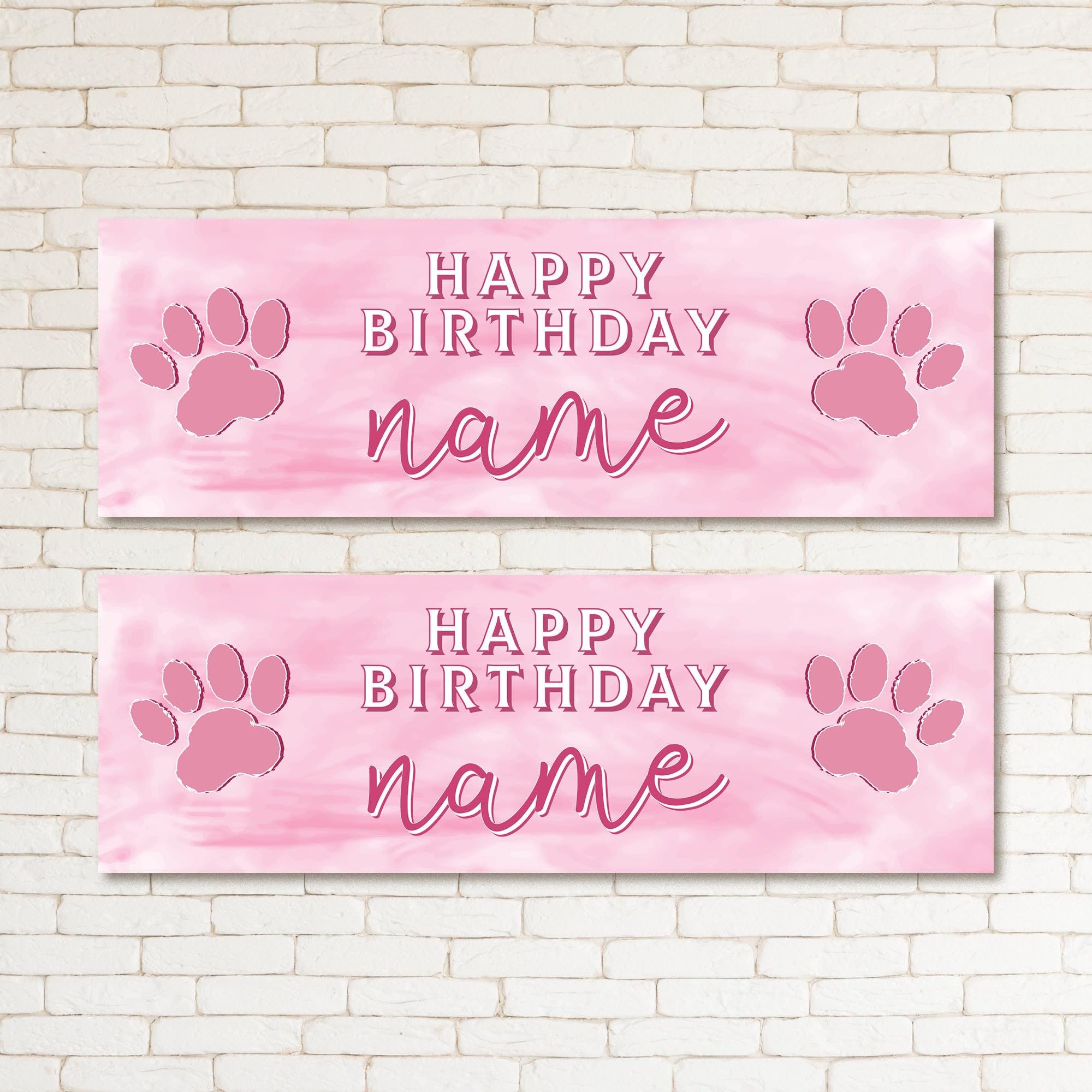 Set of two Personalised Pink Paw Print Happy Birthday Banners Prints Kid & Adult Party Pink Dog Paws Wall Decor - Any NAME or AGE