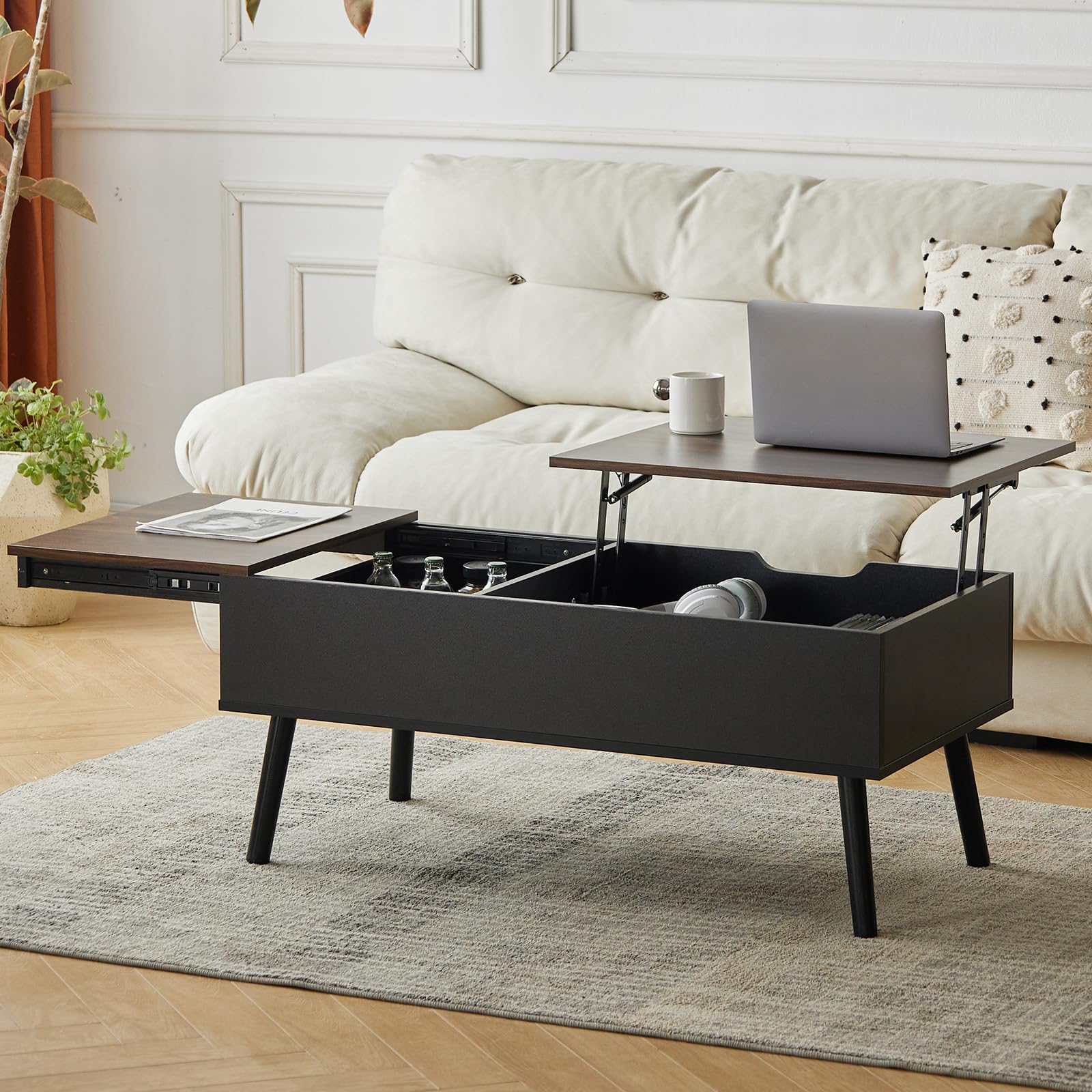 Tavolino alto nero con vano portaoggetti nascosto, design estensibile, per piccoli spazi, altezza regolabile per divani 100 x 50 cm, arredamento moderno per soggiorno