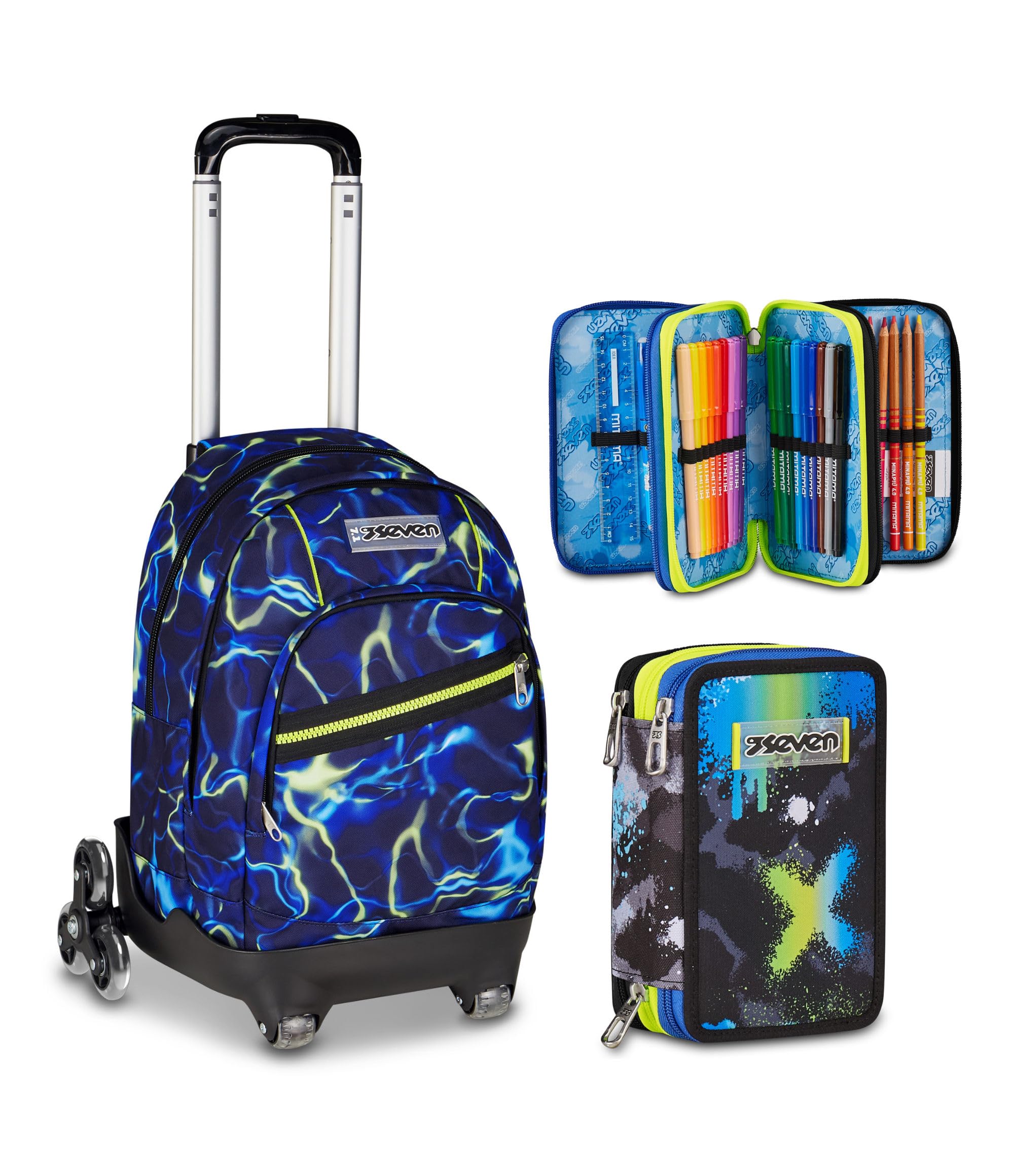 Seven Trolley Scuola Comby 8 Ruote ELECTICVIBE BOY, Blu, 31 L, Uso Zaino, Elementare e media + Astuccio 3 Zip, Completo di Matite, Pennarelli, Acid Green, Bambini e Ragazzi, verde/nero