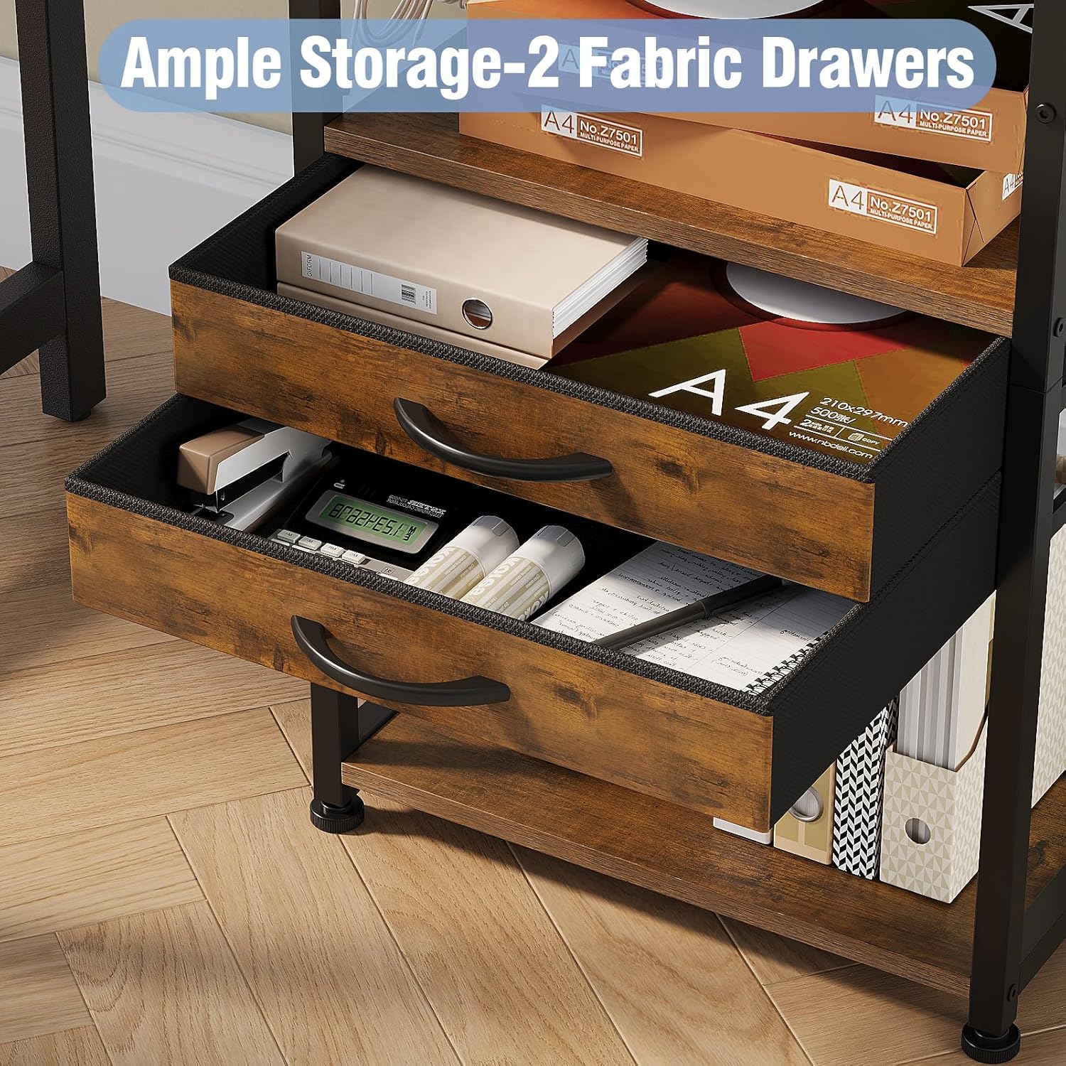 Large Printer Stand with Storage Fabric Drawer Under Desk Printer Table with Wheels for Home Office, Printer Cart fit Fax Machine Scanner (Rustic Brown, 3 Tiers)