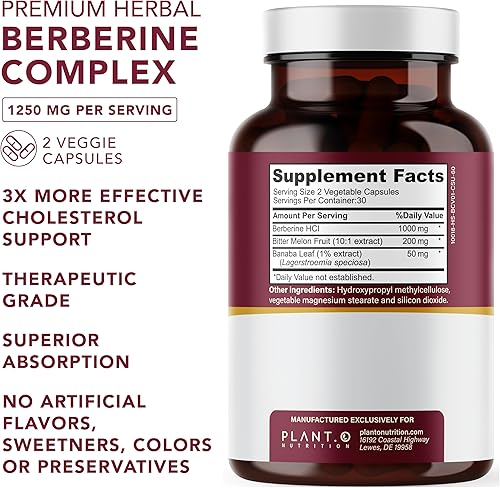 Miniatura 2 de PLANT.O NUTRITION Suplemento de berberina - Complejo HCI de berberina de absorción 10 veces mayor con limón amargo y hoja de banaba - Colesterol y