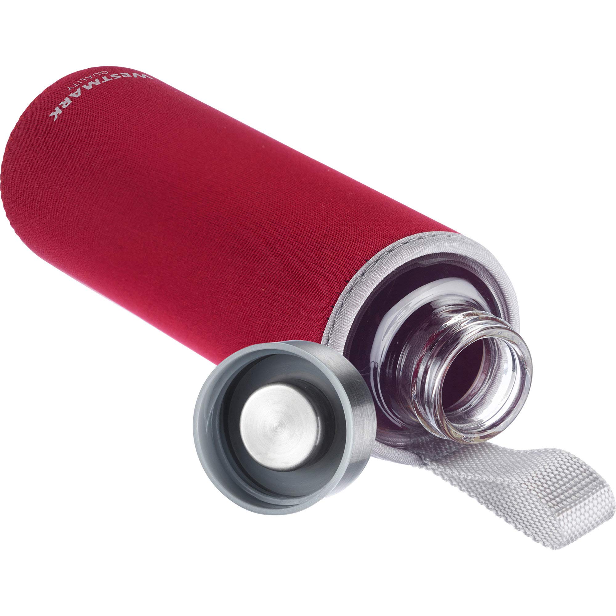 Westmark Botella para beber, De vidrio con impresión, Incl. cubierta protectora, 550 ml, Vidrio/silicona/caucho, Sin BPA, Viva, Rojo/plata/transparente, 5272226R