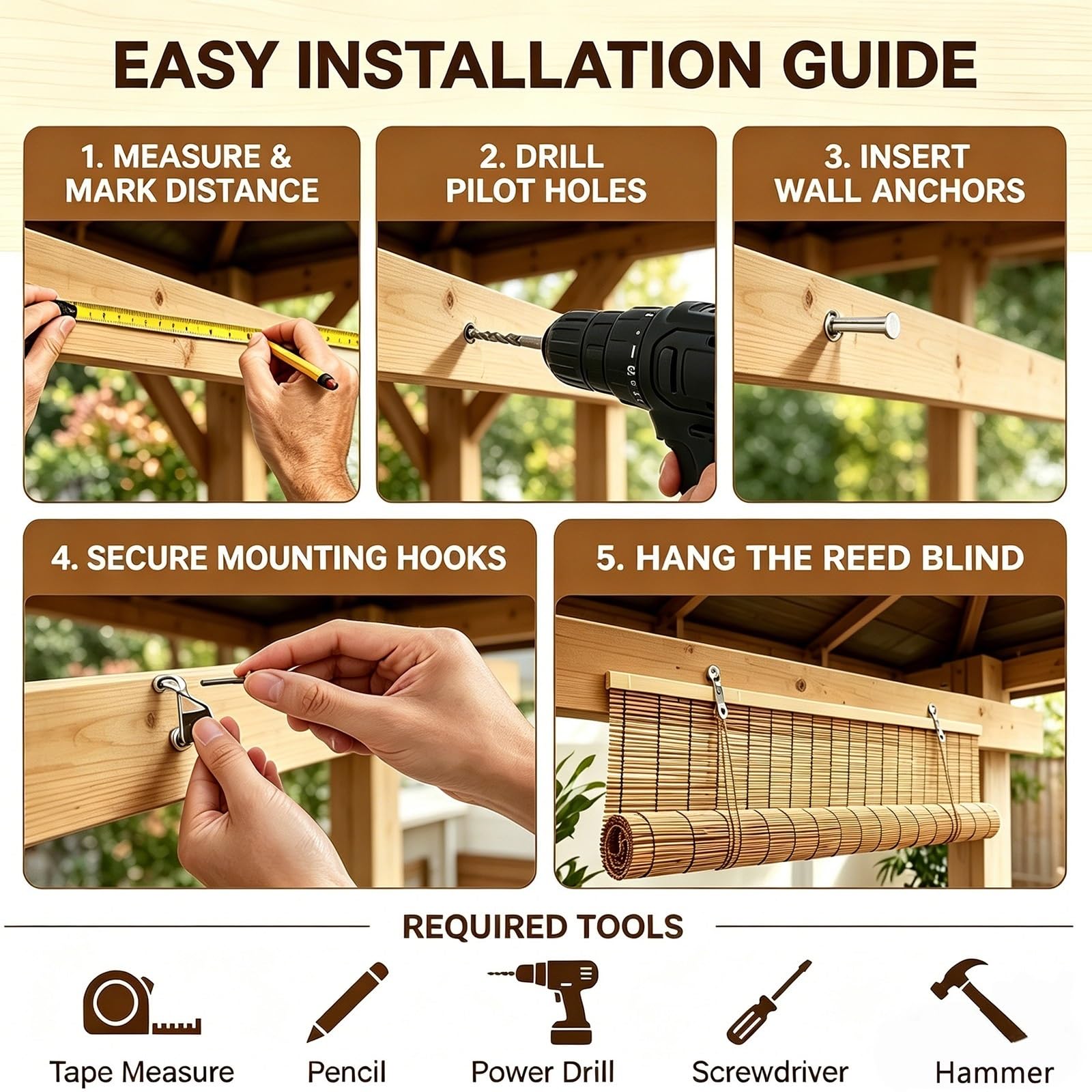 Bambusrollo Innen & Außen, Wetterfestes Aufrollrollo mit Sichtschutz und Lichtfilterung für Outdoor Terrasse, Pergola, Balkon, Pavillon und Garten(180Bx230Hcm)