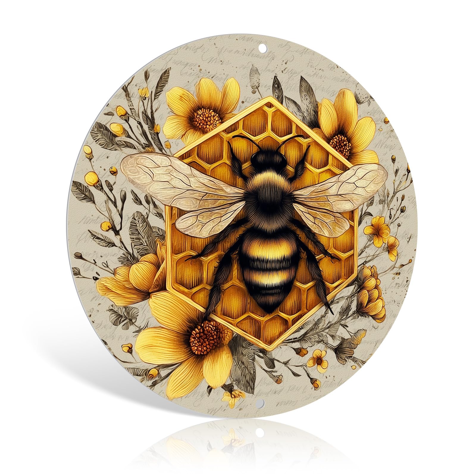 Artinhand Vintage Bee On Honeycomb With Yellow Floral Pattern Round Metal Tin Sign 8X8 Inch Wall Hanging Plaques Poster Art For Bedroom Living Room Bathroom Man Cave Decor