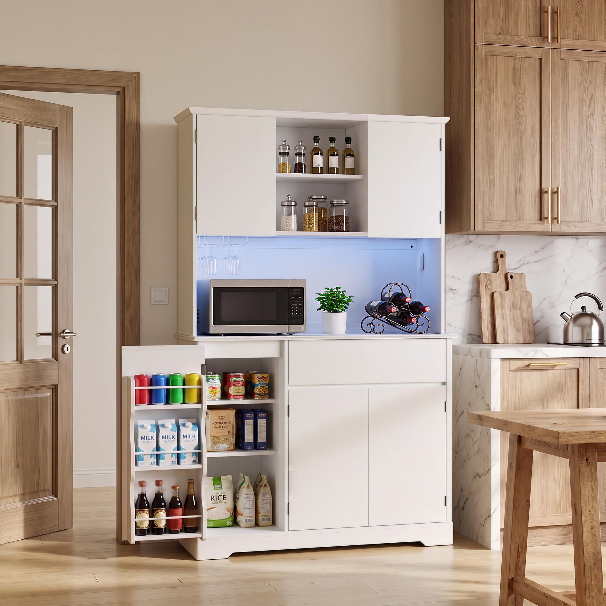 Xbro Alacena de Cocina, Mueble Cocina con LED y Enchufe, Blanco | 5 Puertas y 1 Cajones, Regleta, Encimera para Microondas, para Cocina, Comedor, Salón, 172x40x107 cm