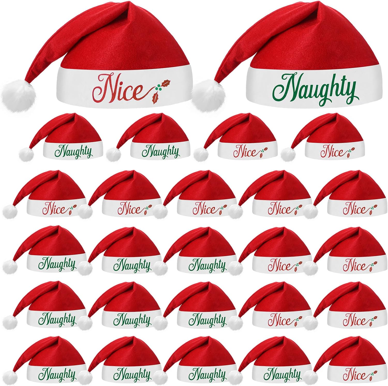Shinymoon 24 Pieces Christmas Santa Hats Non Woven Fabric Naughty and Nice Santa Hats for Adult Men Women Kids Party Holiday