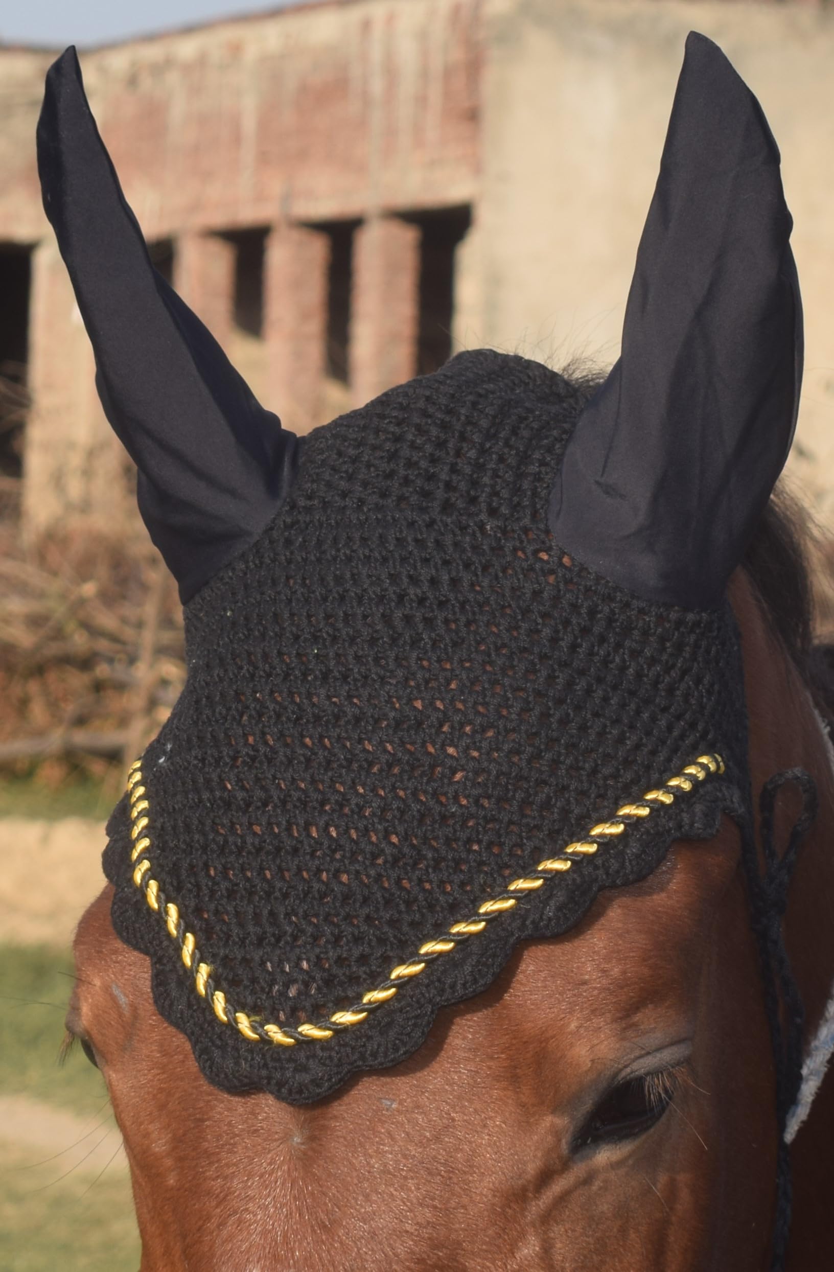 Zainee Sports Crochet Fly Hood with Comfortable Lycra Ears Horse Ear Bonnet Net Hat Fly Veil Hand Made (COB, ROYAL BLUE) — view 6
