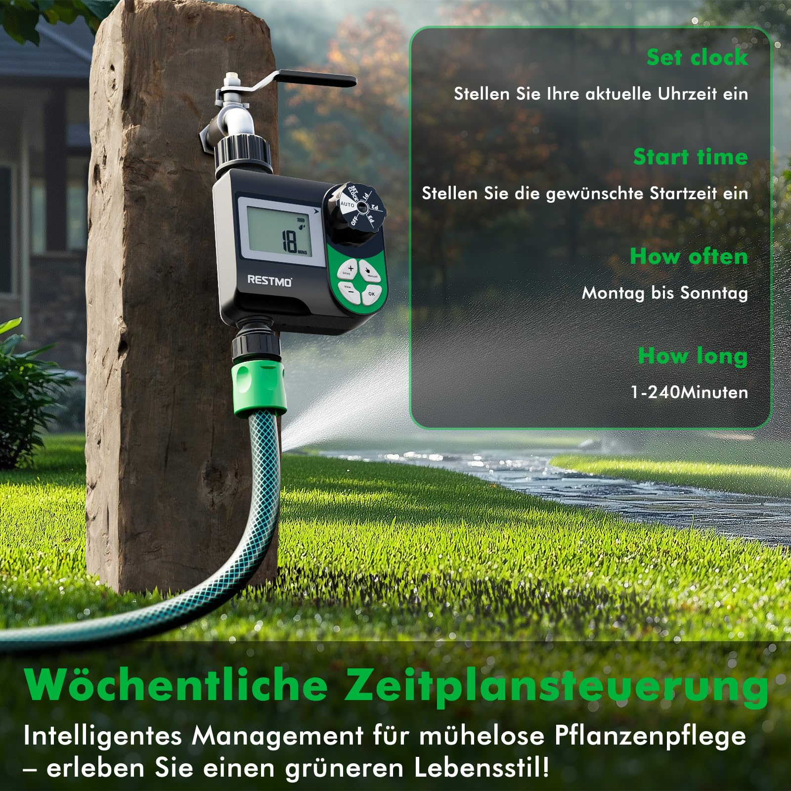 RESTMO programmierbarer Bewässerungscomputer mit wöchentlicher Zeitplansteuerung, 3 Bewässerungsmodi und 3 unabhängigen Programme, Zeitschaltuhr für Außenwasserhahn, Rasen-Bewässerungssystem, 1 Zone