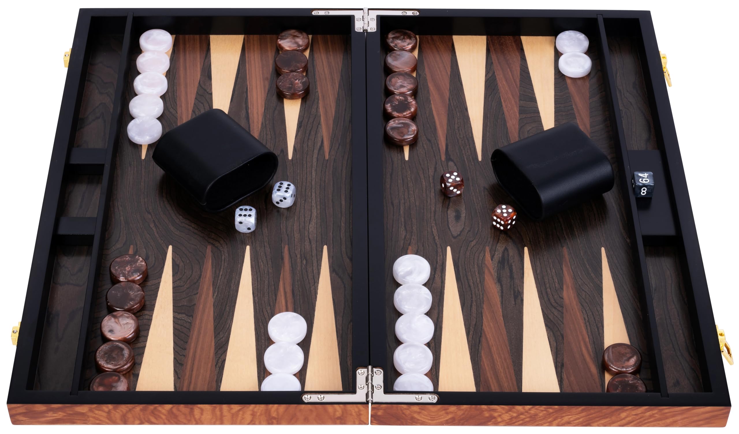 Engelhart 250541 Deluxe 18-inch Backgammon Set with Varnished Rosewood Veneer Metal Closure Pearly Dice, Chips, and Wooden Cups Included 2 Players Game Rules Included Ages 6+ - Image 2