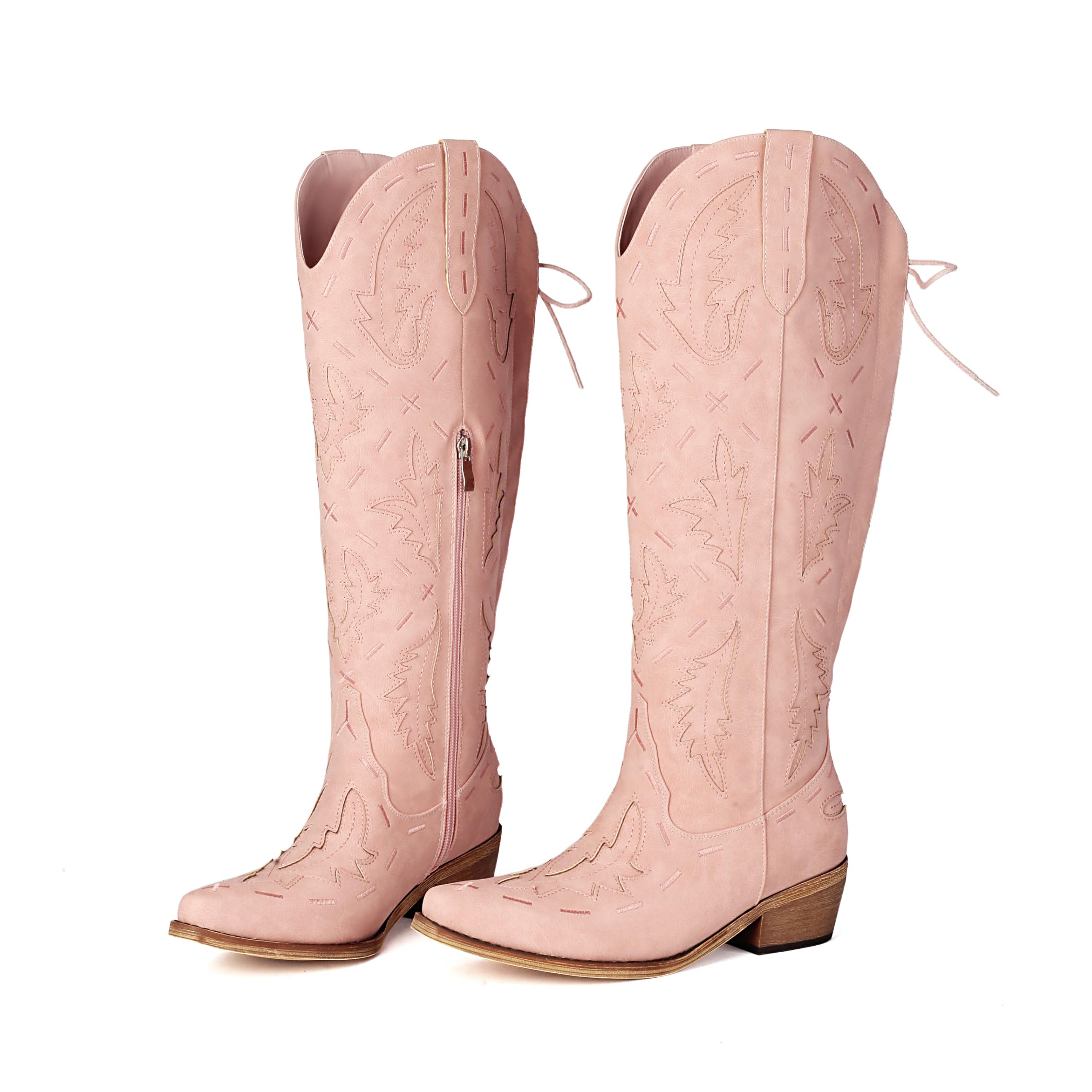 Wide Calf Cowboy Boots Women Knee High Embroidered Western Cowgirl Boot Back Lace Up Chunky Heels Pointed Toe