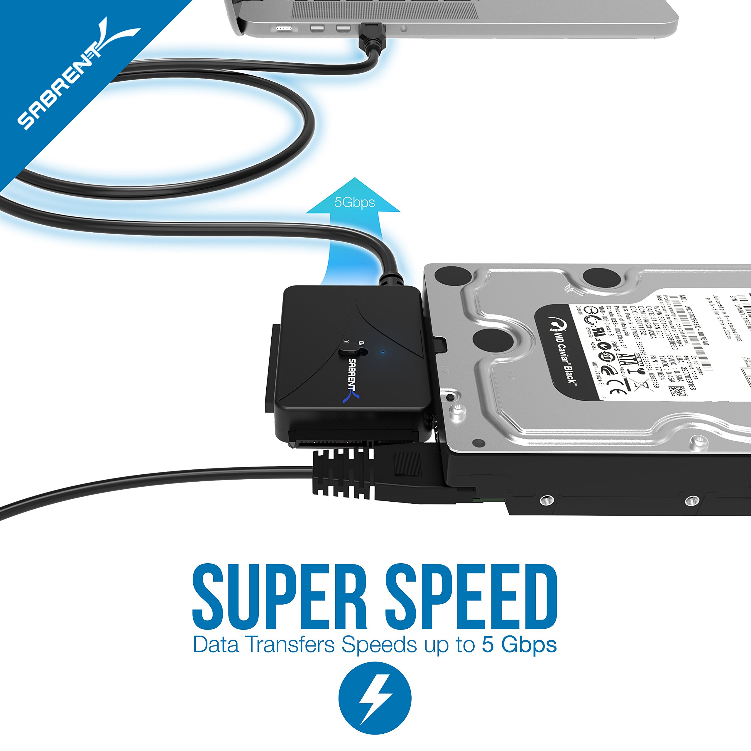 SABRENT Adaptateur USB SATA (3 en 1) Ultra-Rapide 5 Gbps Cable SATA to USB C vers SSD/HDD/IDE 2.5", 3.5" et 5.25", Lecteur Disque Dur avec Alimentation, Prise en Charge de 10To (USB-DS12)