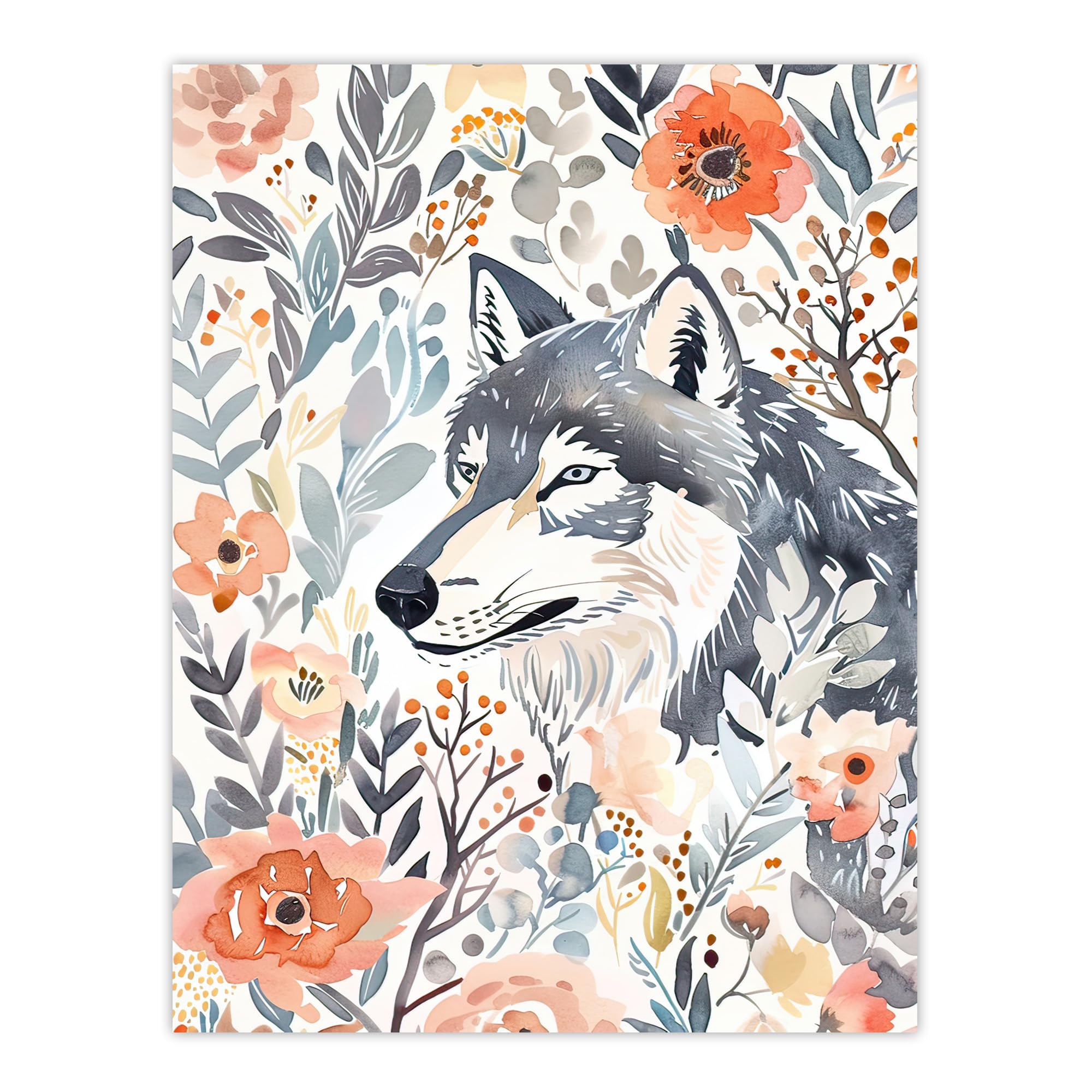Artery8 Wolf and Wild Roses Floral Pastel Watercolour Living Room Large Wall Art Poster Print Thick Paper 18X24 Inch