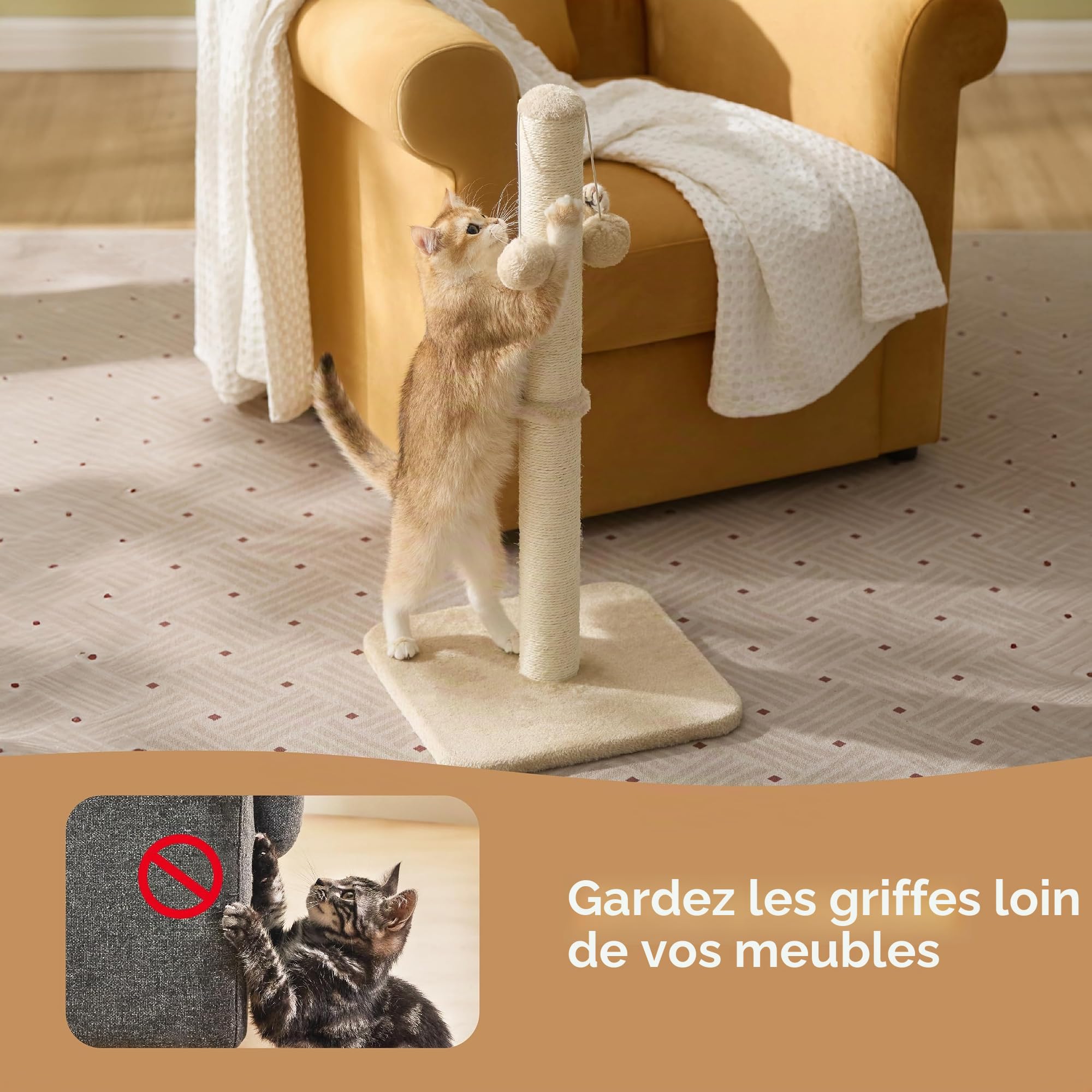 Lesure Griffoir pour Chat Intérieur - 36x36x74cm Arbre à Chat intérieur en sisal avec Balle Suspendue, Grande stabilité pour Chat et Chaton, Beige