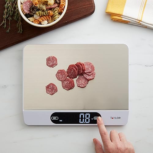 Miniatura 7 de Taylor Báscula de alimentos de cocina de alta capacidad de 22 libras con superficie de acero inoxidable, pantalla retroiluminada y cable de recarga