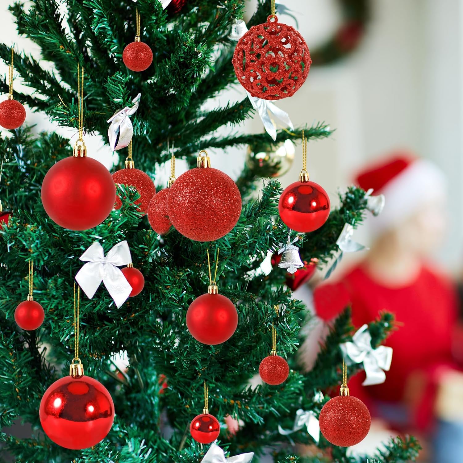 DIDUDE Juego de 101 Bolas de Navidad Rojas - Bolas de plástico para árboles de Navidad de diámetro Ø3, 4 y 6 cm - Adornos navideños de Bricolaje - Adornos navideños - con Dispositivo para Colgar