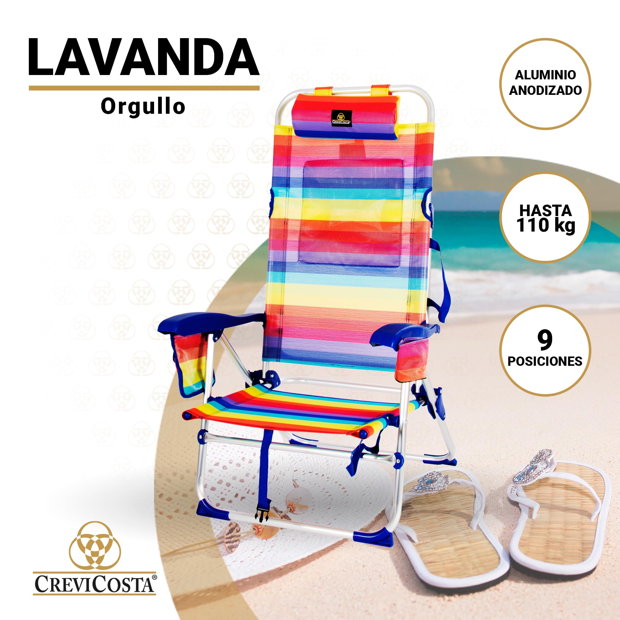 CREVICOSTA QUALITY MARK MARCAS DE CALIDAD - Lavanda 12009 - Silla de Playa Plegable con reposabrazos y 7 Posiciones de Descanso. (Orgullo)