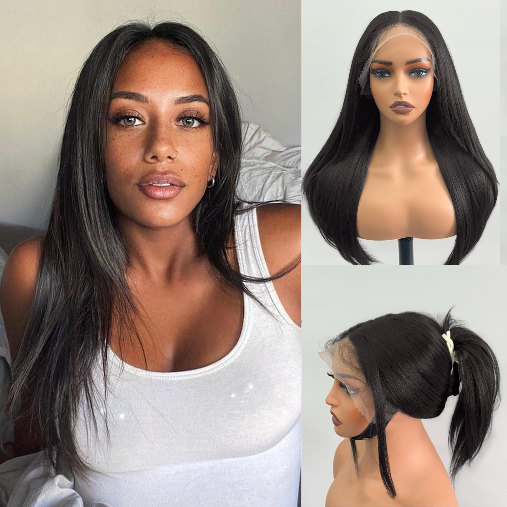 PREMPO 13x6 Synthetic Lace Front Wig 24" Long Yaki Straight Wig as Human Hair 180% Density Pre Plucked Wear and Go Glueless Wigs for Women Layered