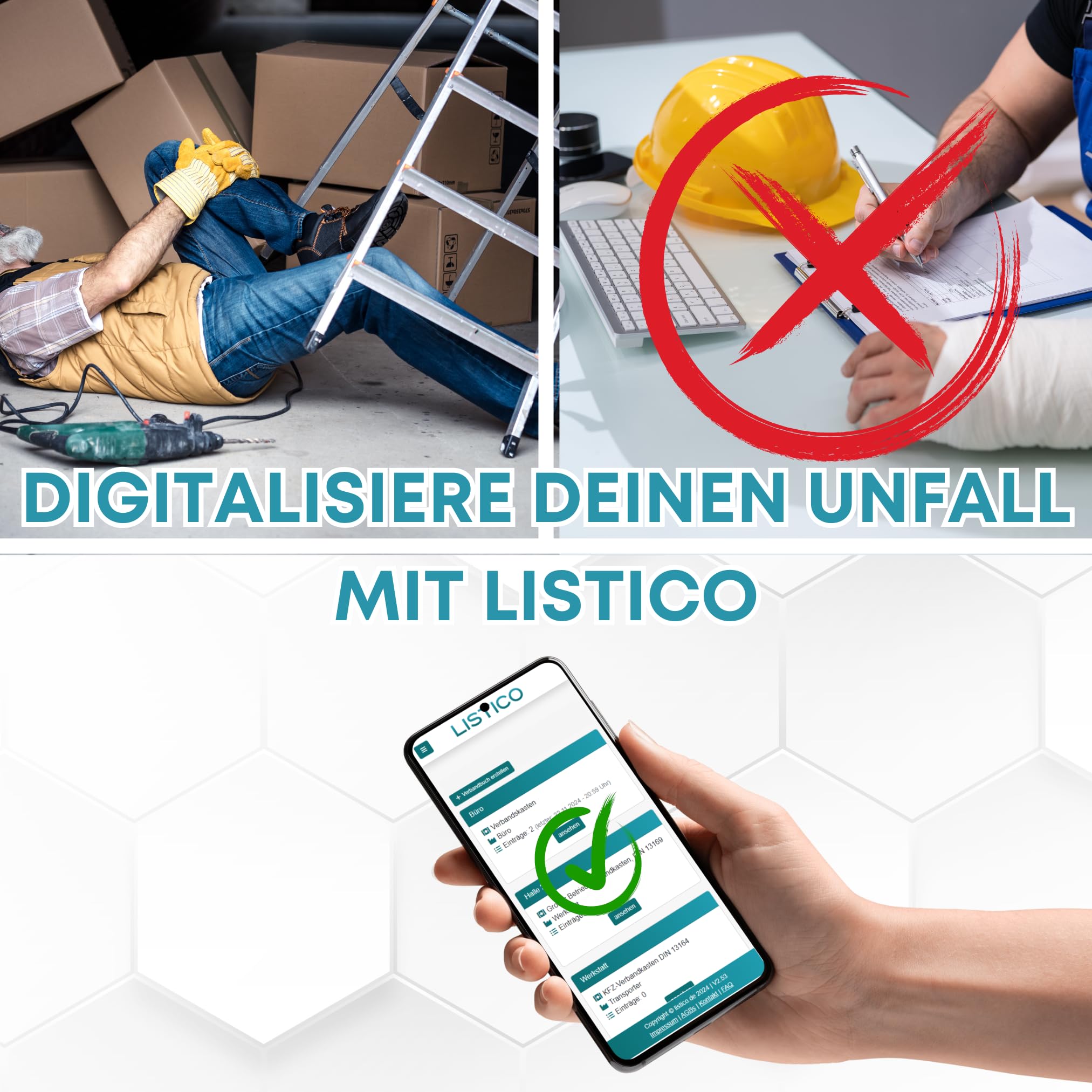 Digitales Verbandbuch für Betriebe als Web-App ✓ keine Installation, sofort loslegen ✓ DSGVO- und DGUV-konform ✓ Erste-Hilfe Dokumentation ohne Papierkram ✓ Überall abrufbar - Verbandsbuch Meldeblock