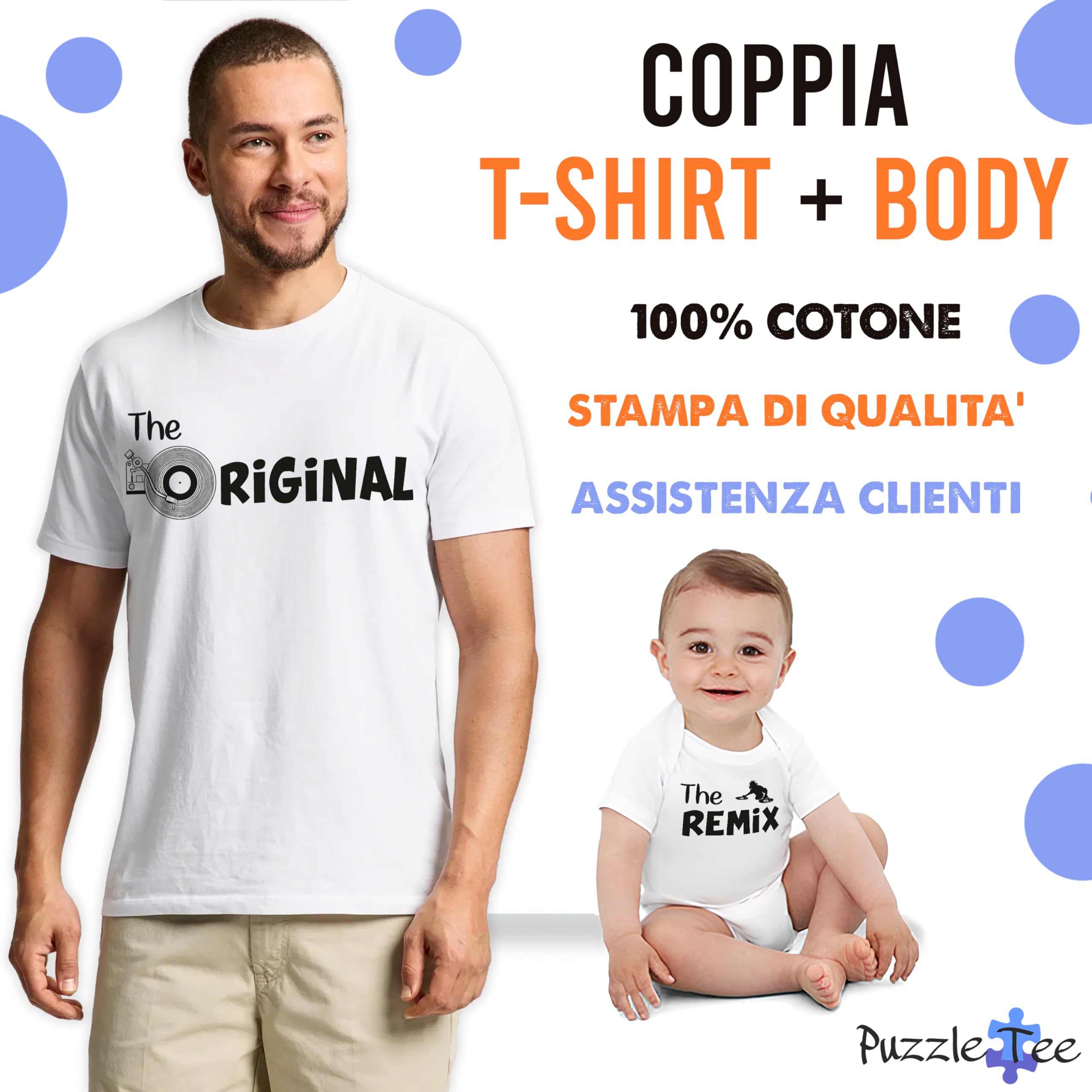 Puzzletee Coppia T-Shirt e Body Padre Figlio - Festa del papà - The Original, The Remix - Cotone Morbido e Traspirante, Stampa Diretta su Tessuto - Regalo Originale e Divertente
